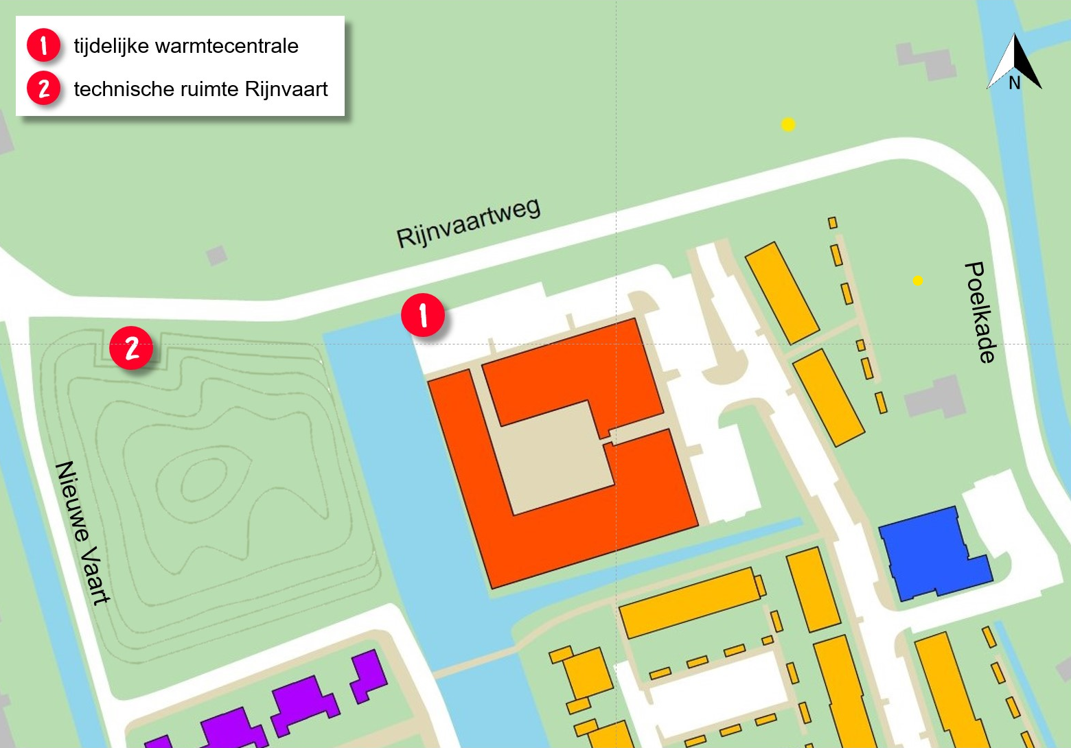 Kaart waarop de locatie van de tijdelijke warmtecentrale staat aangegeven namelijk: op de publieke parkeerplaatsen tegenover de containerruimte aan de Rijnvaartweg, en de technische ruimte namelijk: braakliggend terrein in het groen nabij de kruising van de Rijnvaartweg met de Nieuwe Vaart