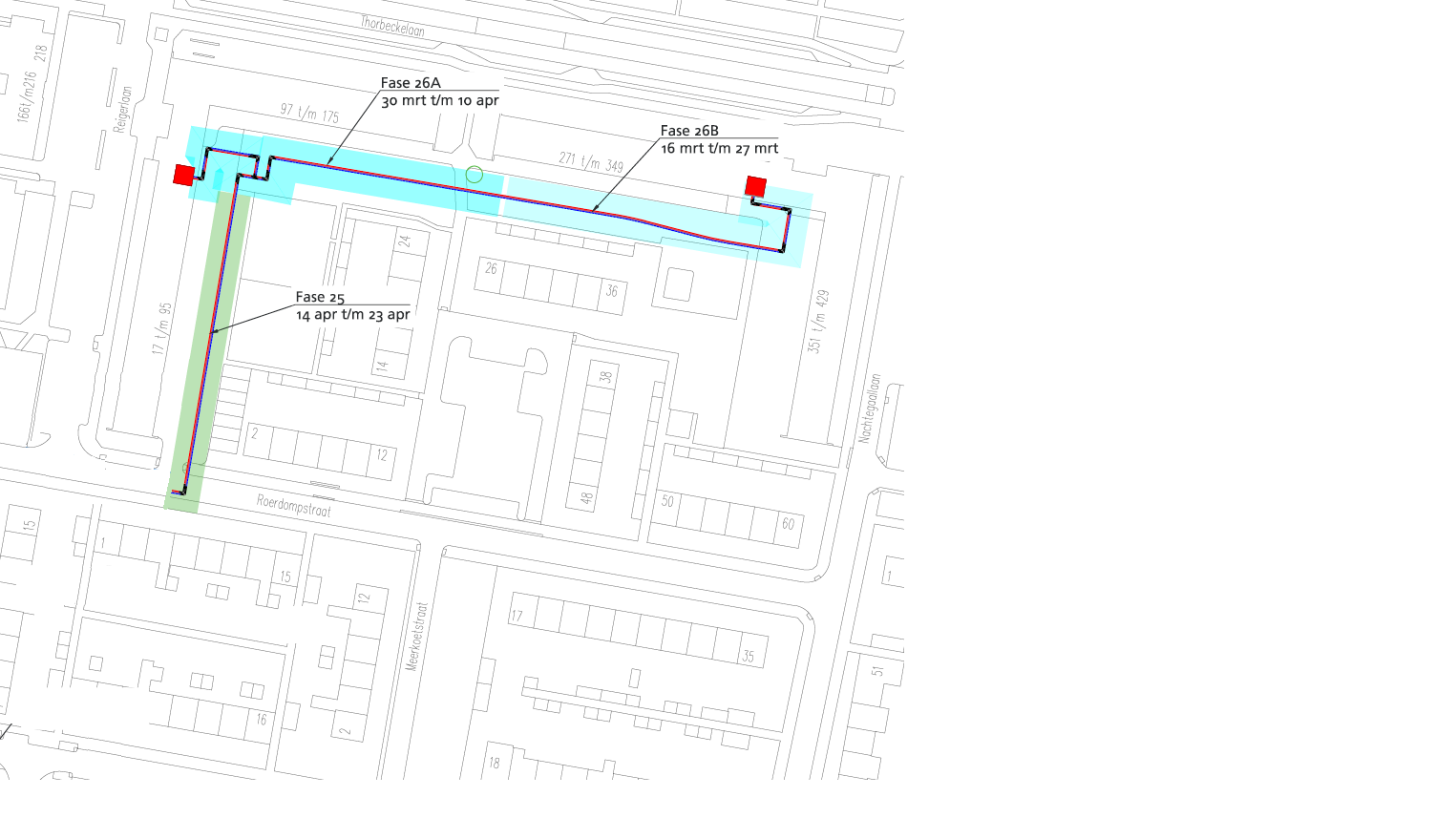 Op deze afbeelding is een plattegrond te zien van de omgeving van de Roerdompstraat en de Nachtegaallaan waarop de werkgebieden zijn aangegeven waar de komende periode in fases wordt gewerkt aan het warmtenet Sliedrecht.