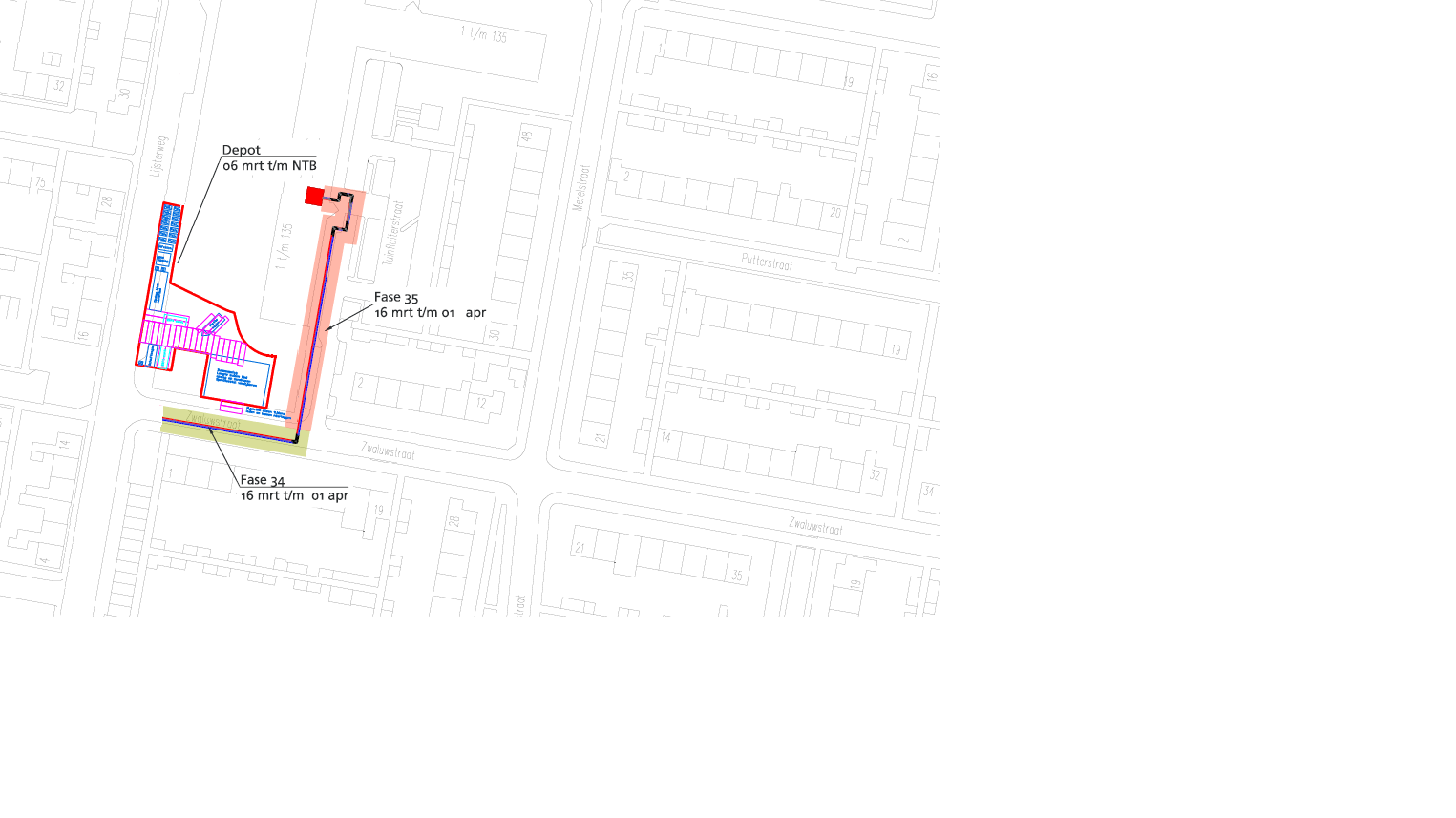 Op de hoek van de Lijsterweg/Zwaluwstraat is een opslaggebied ingericht voor het stallen van materialen gedurende het project. Op de plattegrond hieronder staat het werkgebied (Fase 34 en 35) en opslaggebied aangegeven. <plattegrond 34-35.png> Alt-tekOp deze afbeelding is een plattegrond te zien van de omgeving van de Tuinfluiterstraat en de Zwaluwstraat waarop het opslaggebied en de werkgebieden zijn aangegeven waar de komende periode in fases wordt gewerkt aan het warmtenet Sliedrecht.