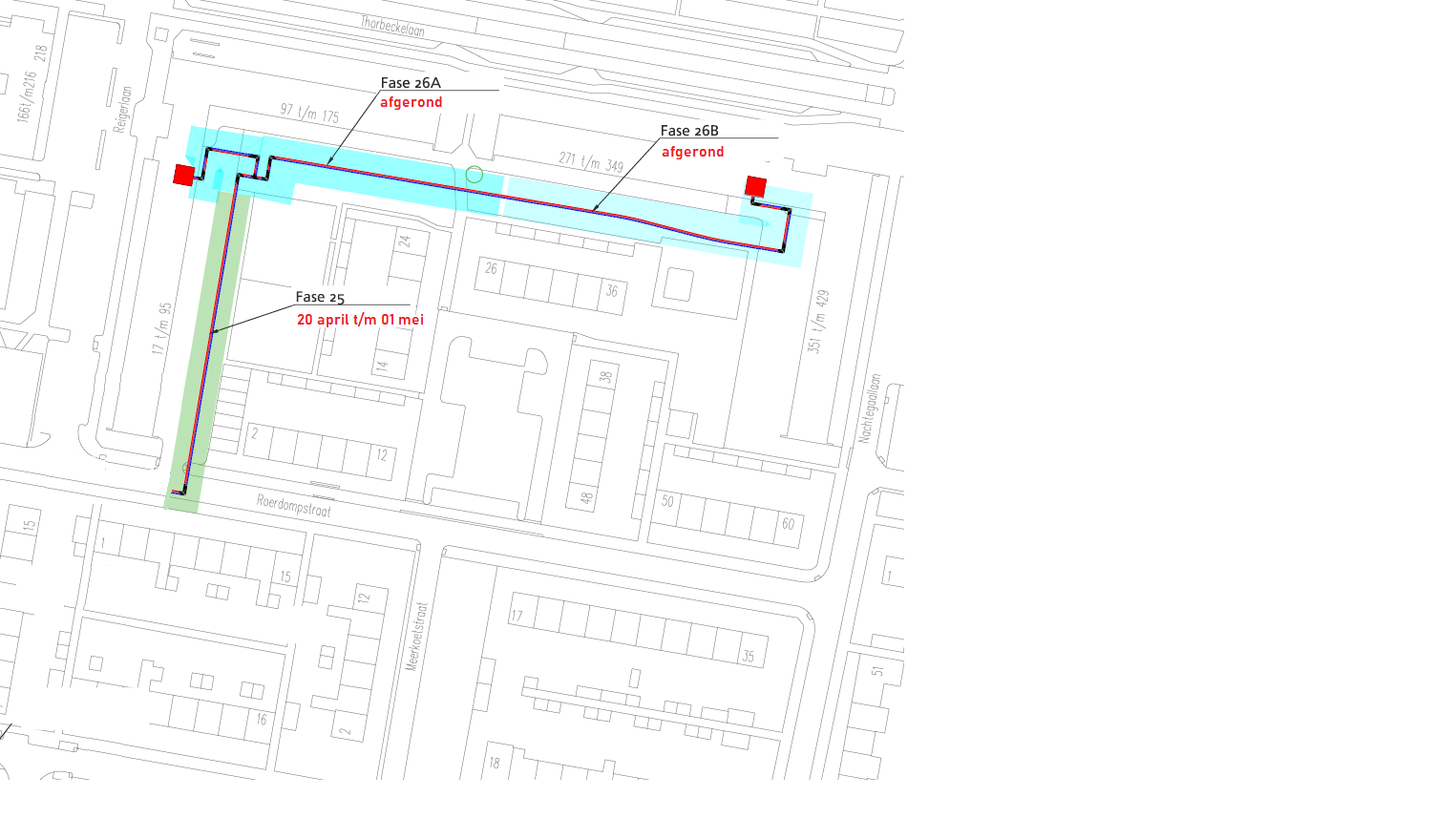 Op deze afbeelding is een plattegrond te zien van de omgeving van de Roerdompstraat waarop het werkgebied is aangegeven waar de komende periode wordt gewerkt aan het warmtenet Sliedrecht.