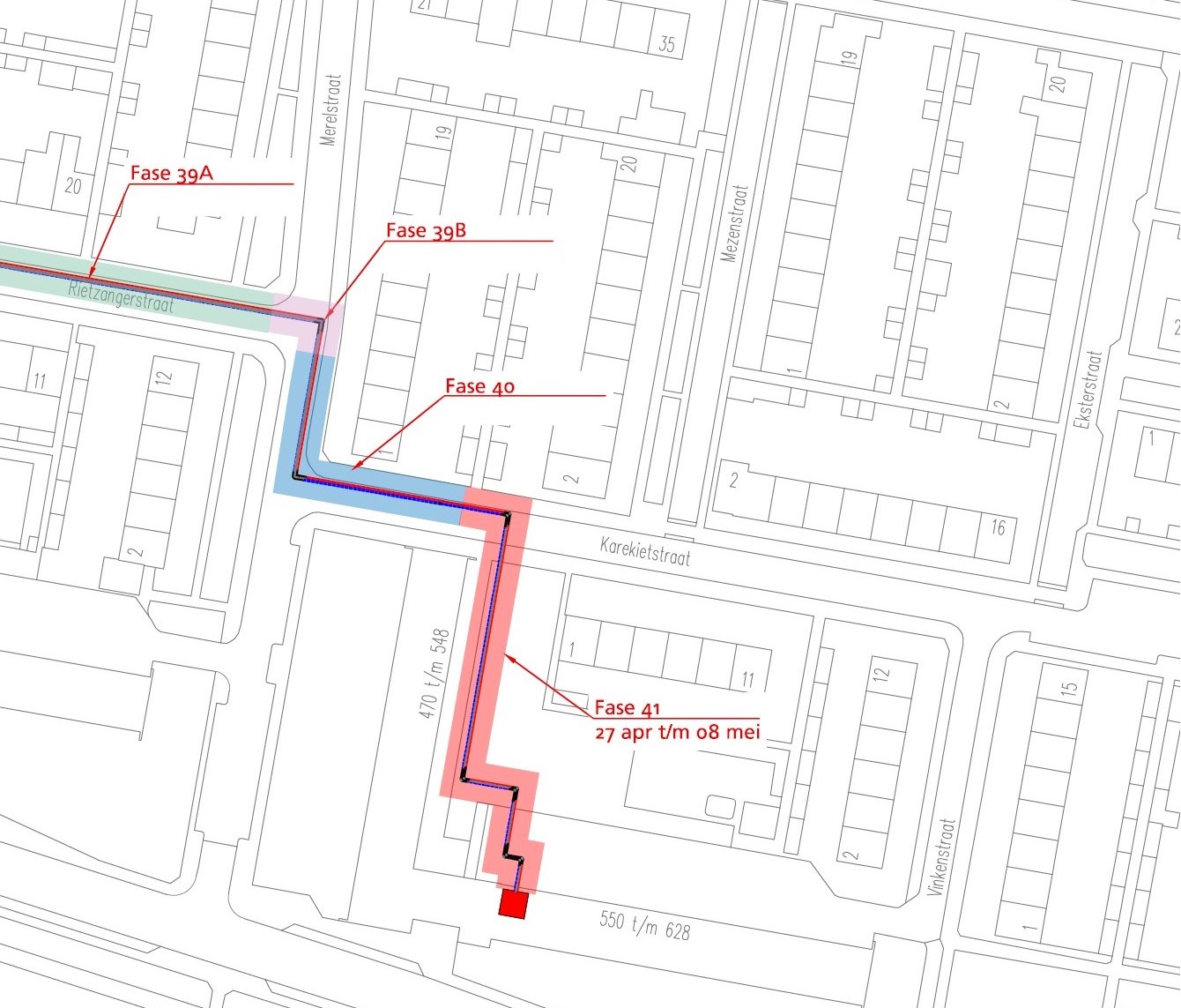Op deze afbeelding is een plattegrond te zien van de omgeving van de Vinkenstraat waarop het werkgebied is aangegeven waar de komende periode wordt gewerkt aan het warmtenet Sliedrecht.