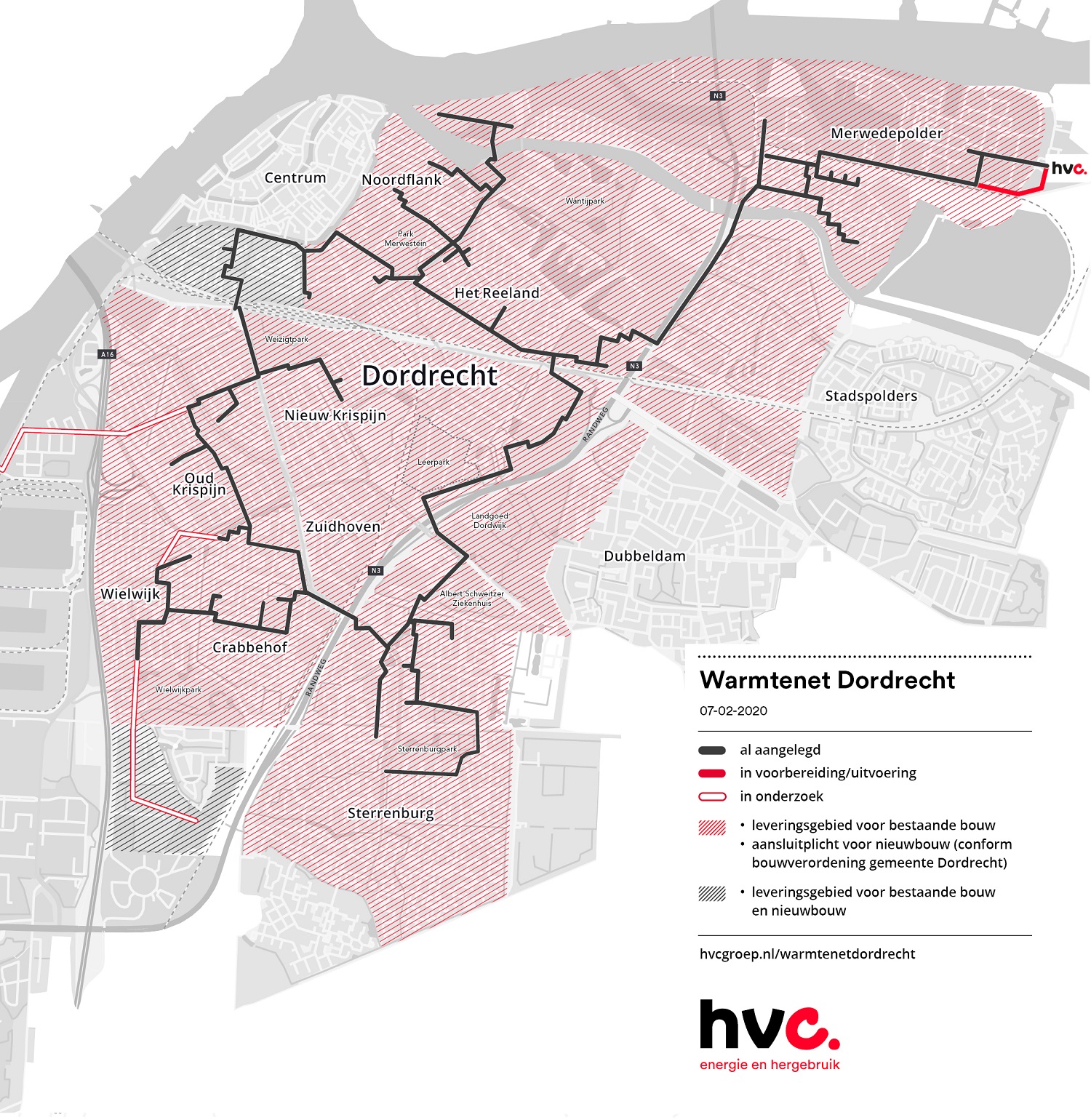 Op deze plattegrond van Dordrecht is te zien waar de hoofdleidingen van het warmtenet liggen en wat de leveringsgebieden voor warmte zijn. Deze lopen van de Merwedepolde, via de N3 naar Het Reeland, Noordflank, langs het centrum, door het Weizigtpark, Nieuw Krispijn, oud Krispijn, Wielwijk, Krabbehof en uiteindelijk Sterrenburg