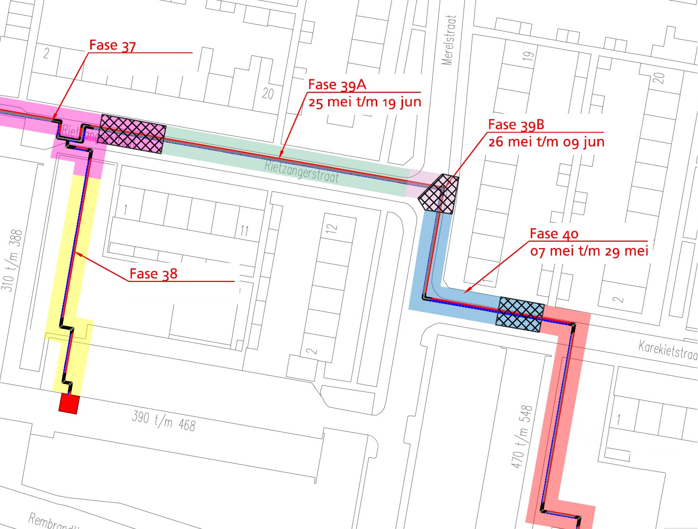 Op deze afbeelding is een plattegrond te zien van de omgeving van de Rietzangerstraat en Merelstraat waarop het werkgebied is aangegeven waar de komende periode wordt gewerkt aan het warmtenet Sliedrecht, hier is dat van de Rietzangerstraat tot de Karrekietstraat.