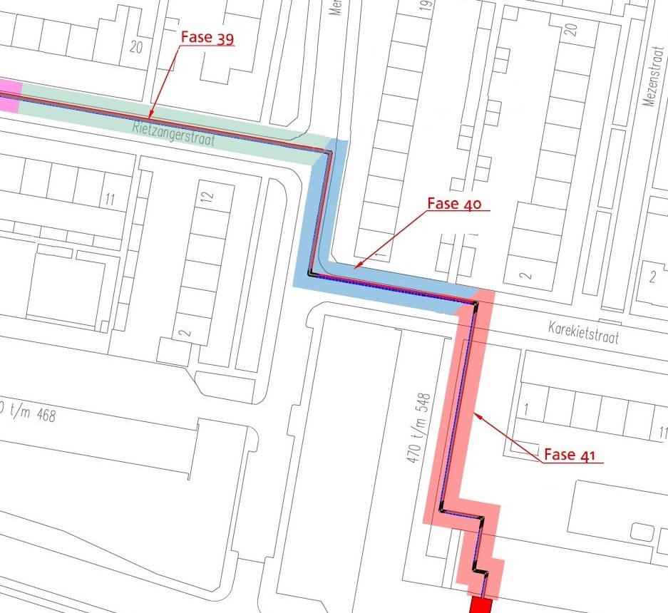 plattegrond van de omgeving waar de komende periode gewerkt wordt aan het warmtenet Sliedrecht - aangeduid is fase 39 met groene markering (Rietzangerstraat), fase 40 met blauwe markering (Karekietstraat) en fase 41 met rode markering (Vinkenstraat)