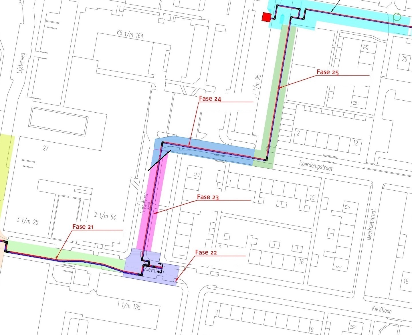 plattegrond van de omgeving waar de komende periode gewerkt wordt aan het warmtenet Sliedrecht - fase 24 met blauwe markering (Roerdompstraat), fase 23 met roze markering (Reigerlaan)