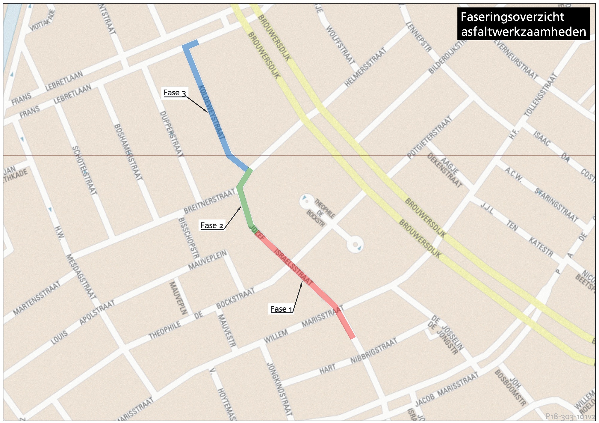 Op deze afbeelding is een plattegrond te zien van de omgeving van de Jozef Israëlsstraat en omgeving waarop de werkgebieden zijn aangegeven waar gewerkt wordt. Jozef Israëlstraat maandag 20 april tot vrijdag 24 april, fase 2  Jozef Israëlstraat / Breitnerstraat dinsdag 28 april tot vrijdag mei, fase 3  Koldeweystraat / Frans Lebretstraat maandag 11 mei tot vrijdag 15 mei