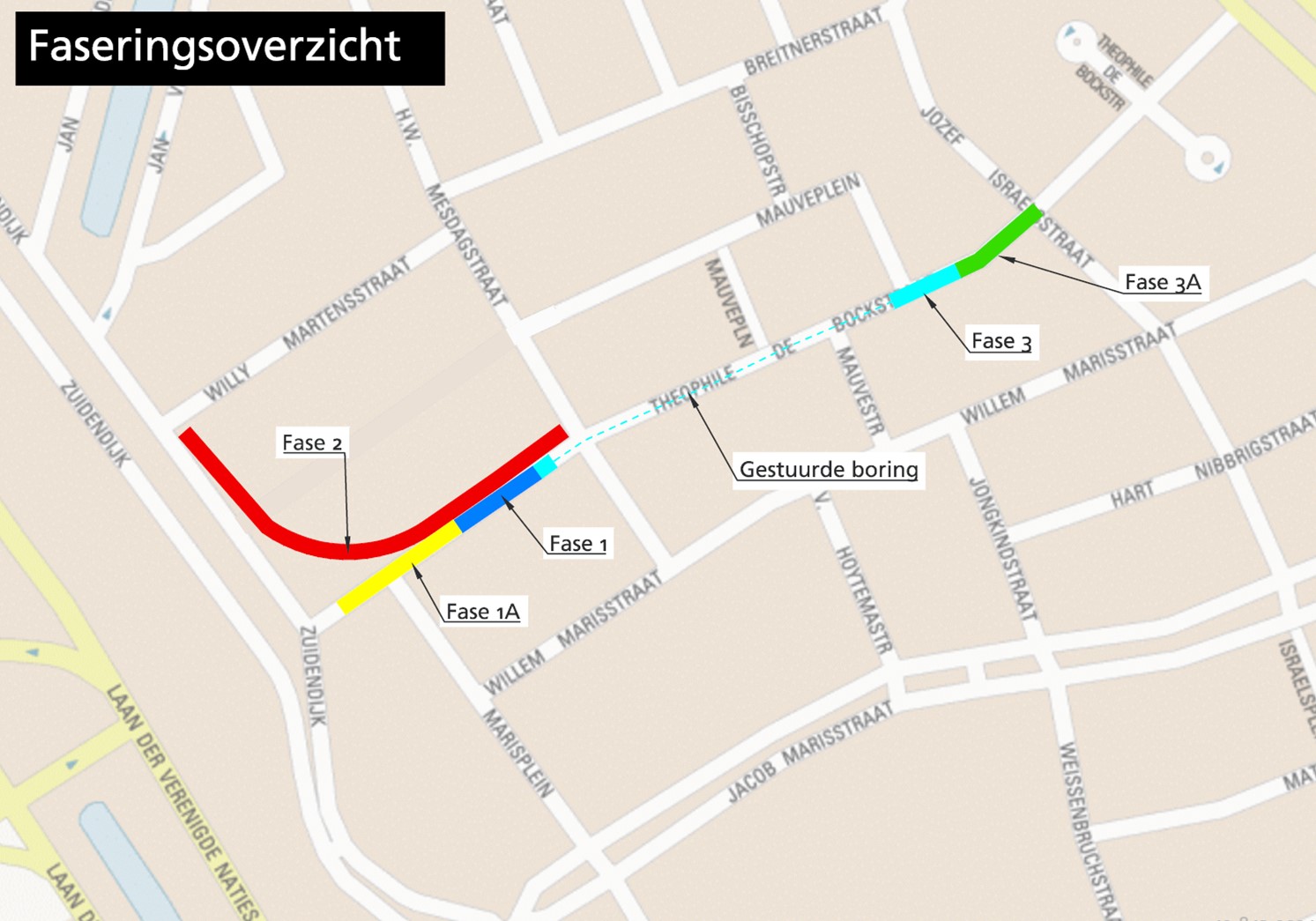 Op deze afbeelding is een plattegrond te zien van de omgeving van de Theophile de Bockstraat waarop het werkgebied is aangegeven waar gewerkt wordt aan het warmtenet Dordrecht.