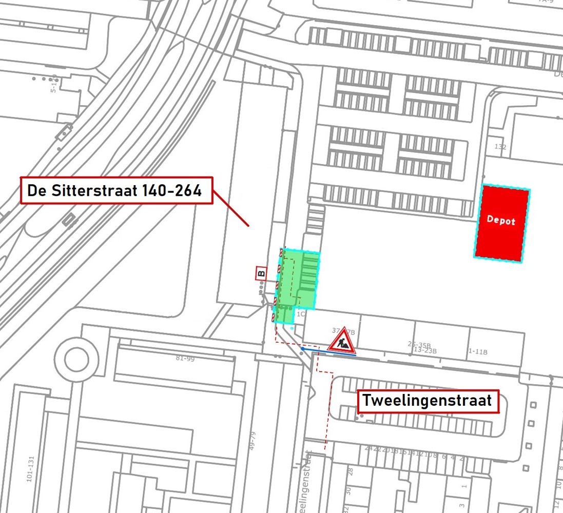 Plattegrond van de omgeving van De Sitterstraat met daarop ons werkgebied, tegenover de ingang van de flat De Sitterstraat 140-264.