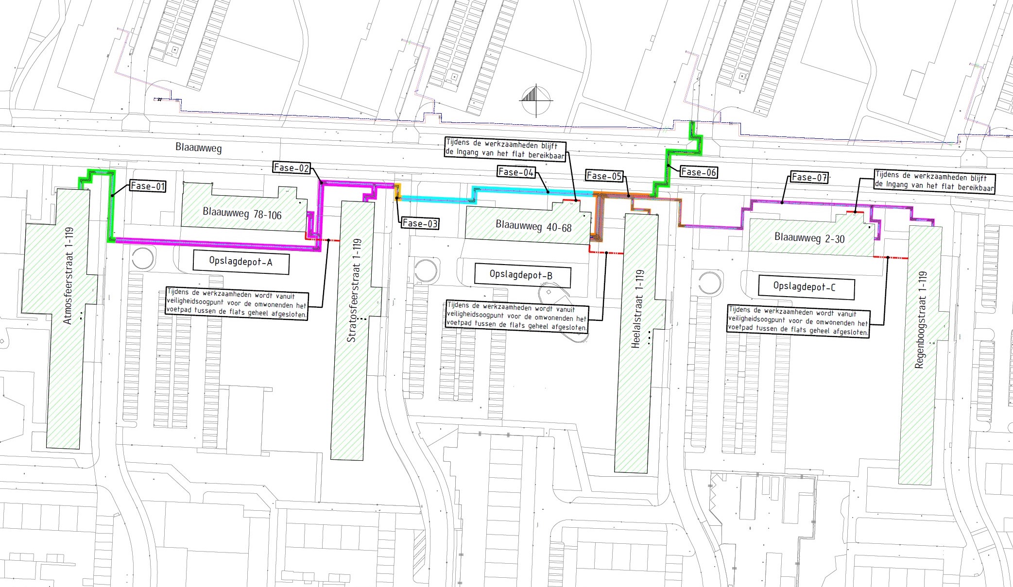 Plattegrond van de omgeving de Blaauwweg met daarop in fases het werkgebied en de route van de leiding in de Atmosfeerstraat, Stratosfeerstraat, Heelalstraat en Blaauwweg 40-106 weergegeven.