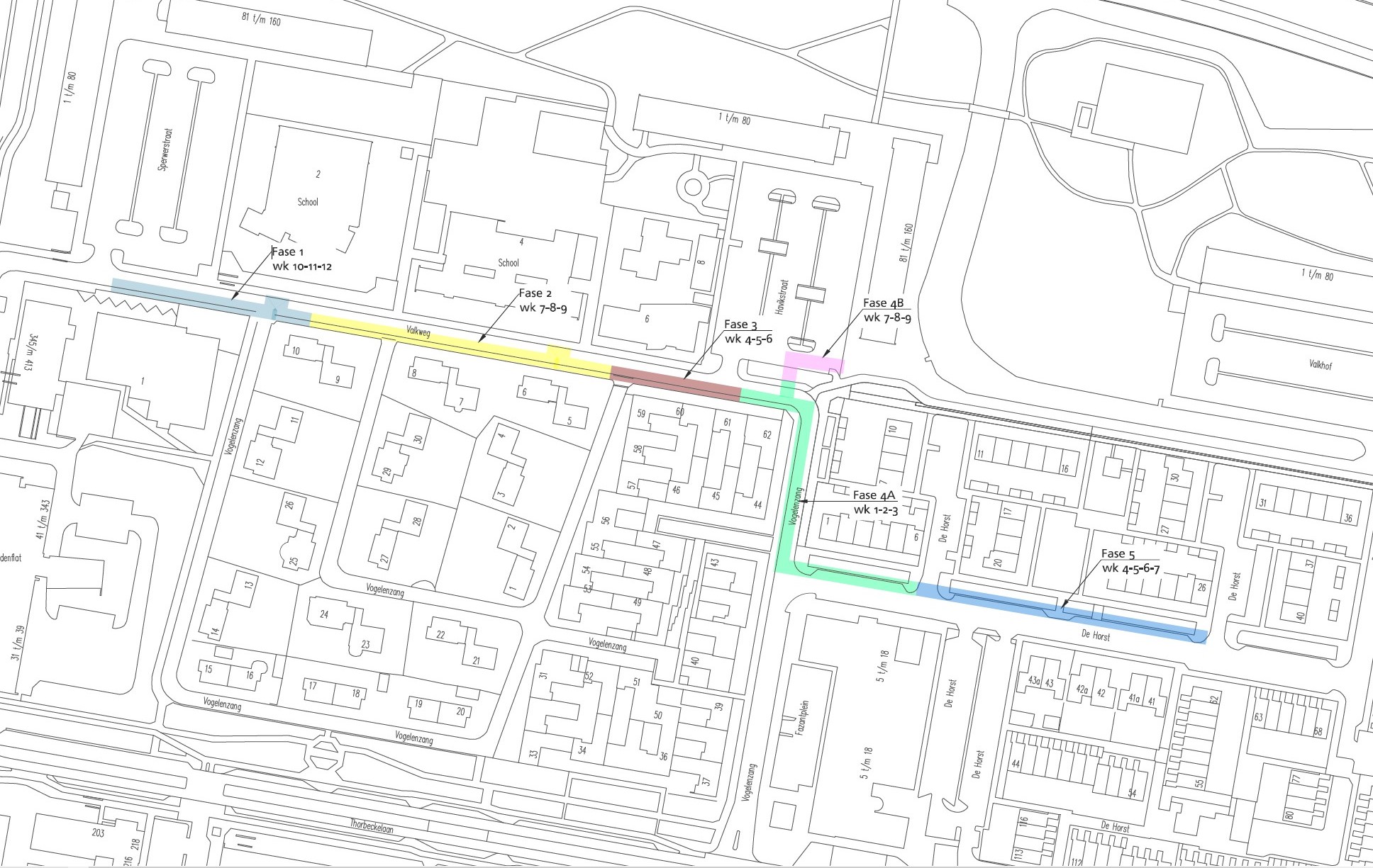 plattegrond van de Valkweg en omgeving waarop de verschillende fases staan aangegeven waar de werkzaamheden uitgevoerd worden