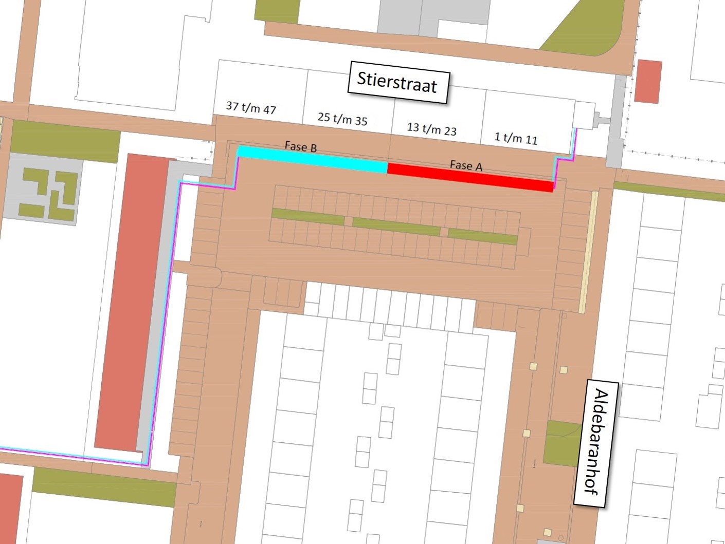 Plattegrond van de omgeving Stierstraat met daarop de locaties waar in fases gewerkt wordt.