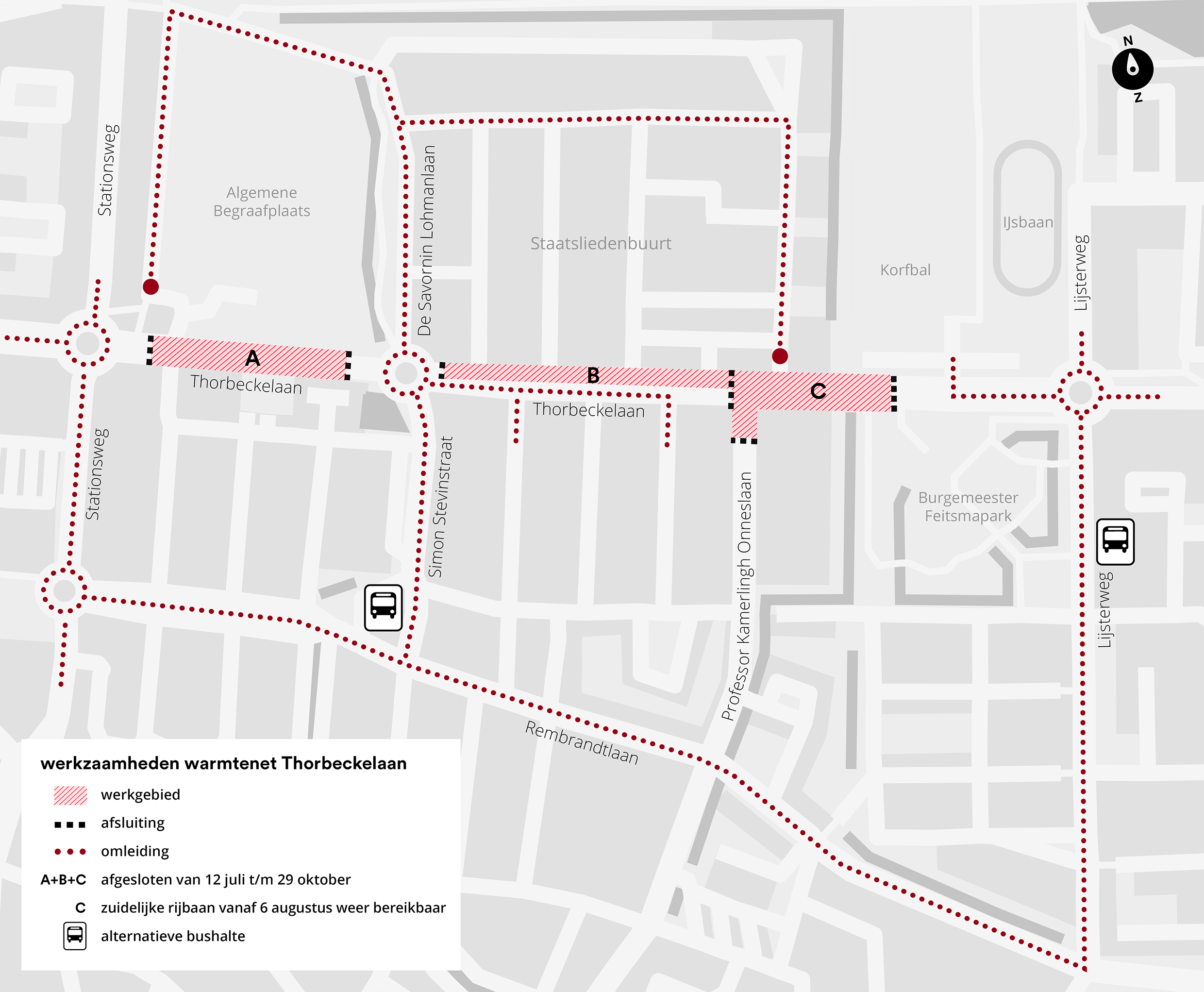 Plattegrond werkzaamheden Thorbeckelaan met daarop de werkgebieden en verkeersmaatregelen