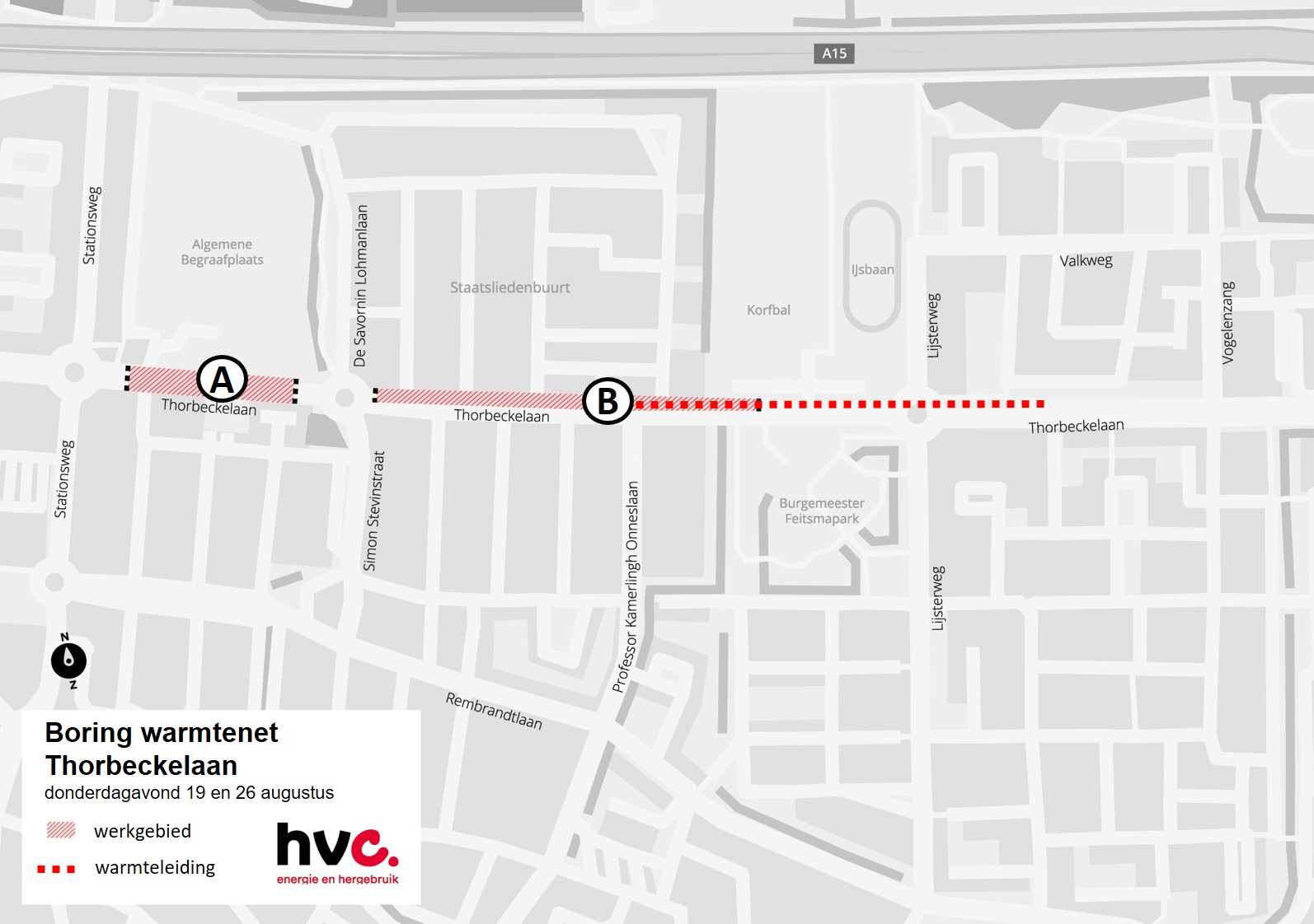 Plattegrond Thorbeckelaan met daarop de locatie van de gestuurde boringen