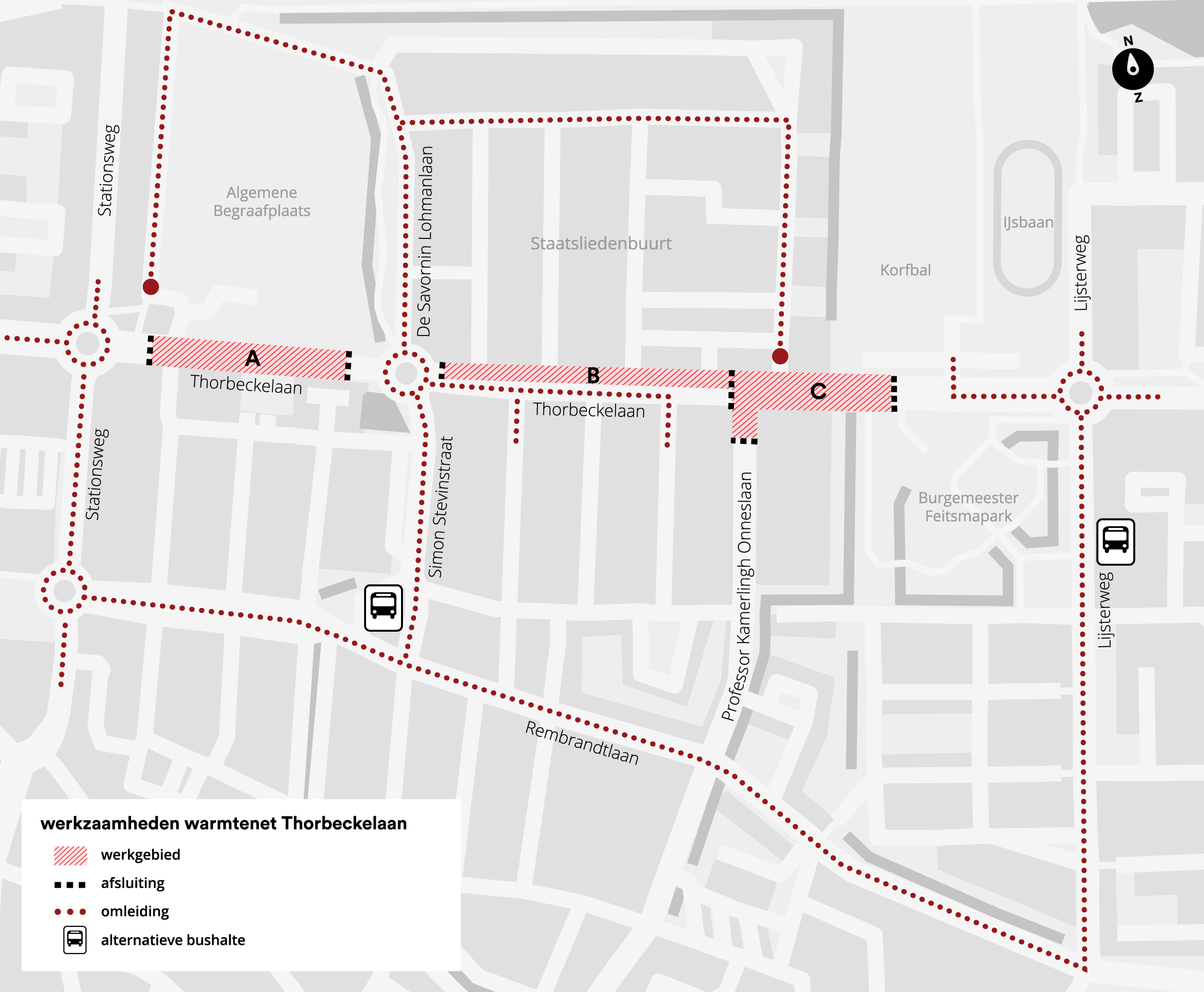 Plattegrond met de werkgebieden A,B en C in de Thorbeckelaan in Sliedrecht