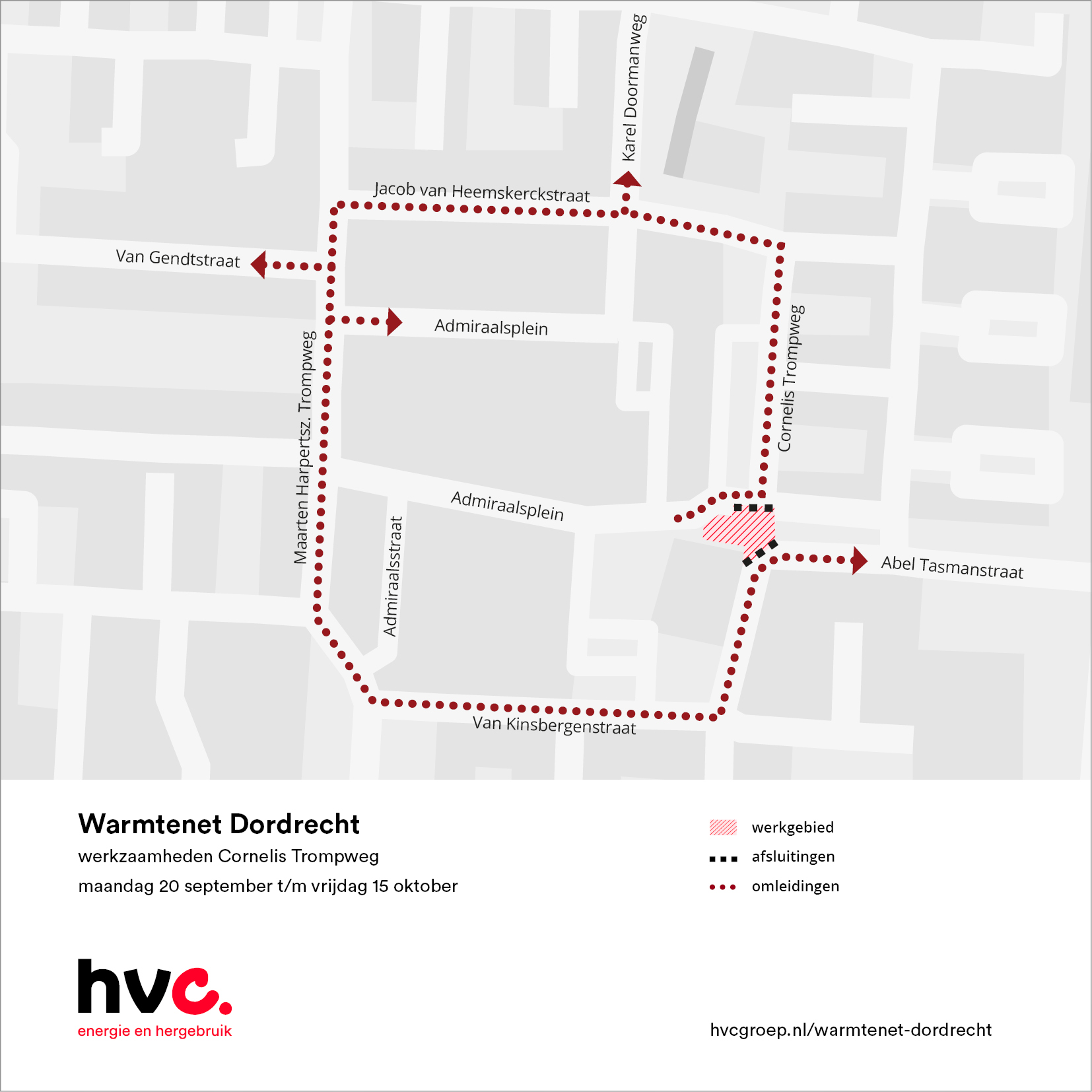 Plattegrond van de Cornelis Trompweg met daarop de locatie van de werkzaamheden en omleidingen.