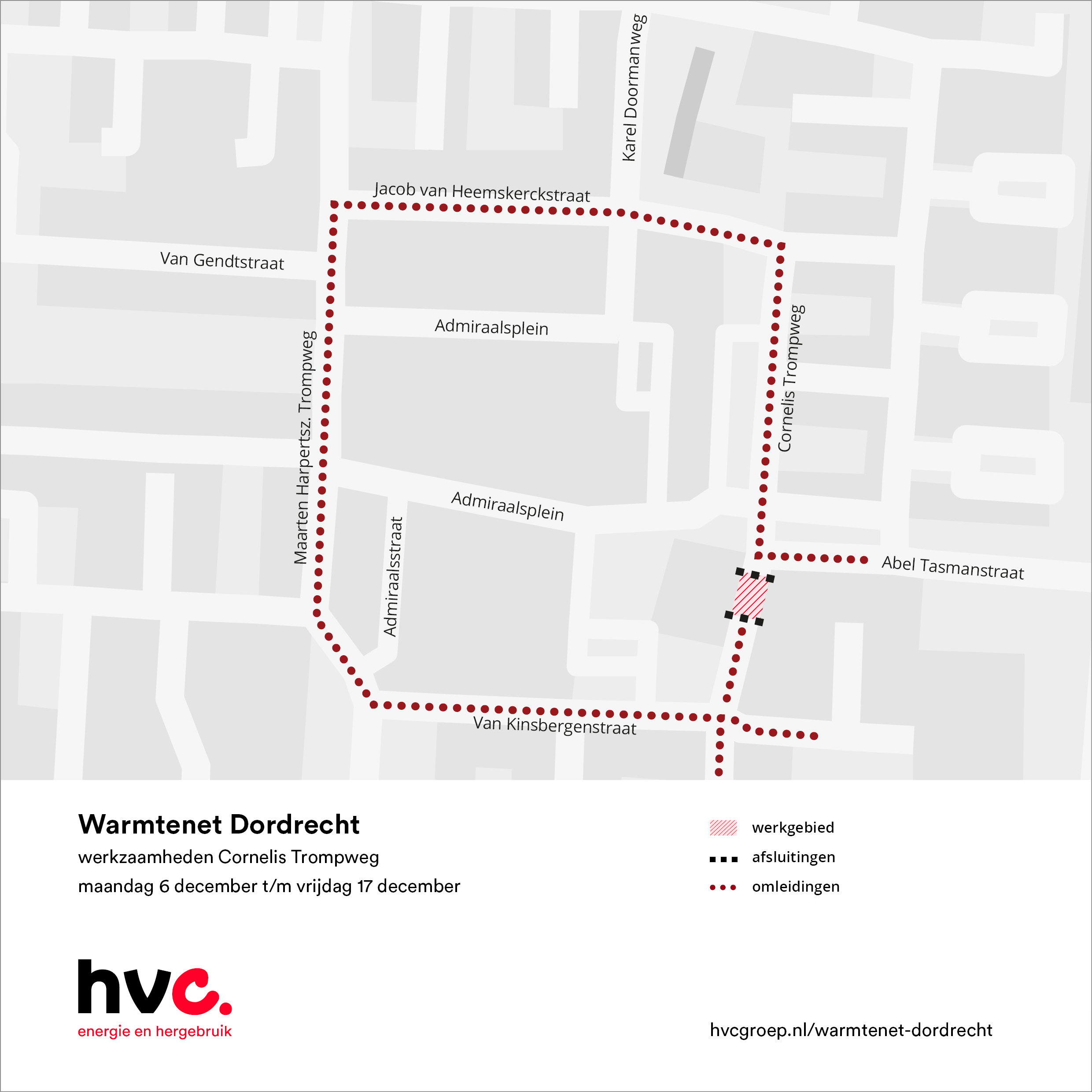 Plattegrond met daarop de locatie van de werkzaamheden in Cornelis Trompweg in Dordrecht
