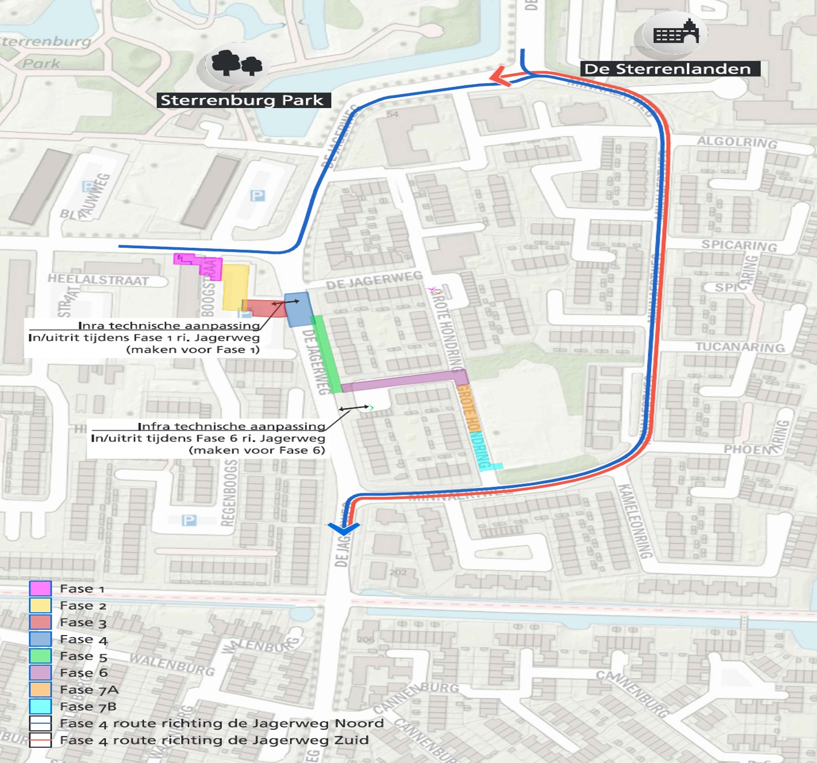 Plattegrond van de Grote Hondring en omgeving met daarop de werkgebieden en omleidingen