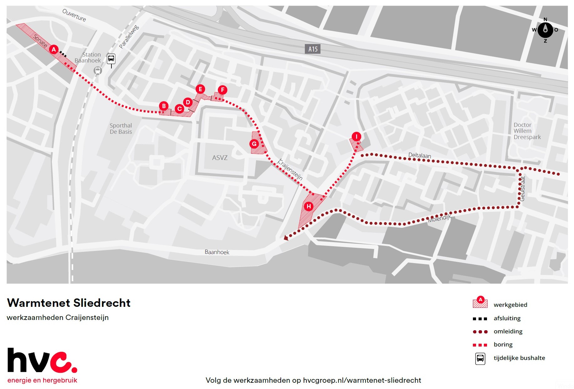 Plattegrond van de werkzaamheden in Craijensteijn met daarop de route van het warmtenet en de verschillende werkgebieden