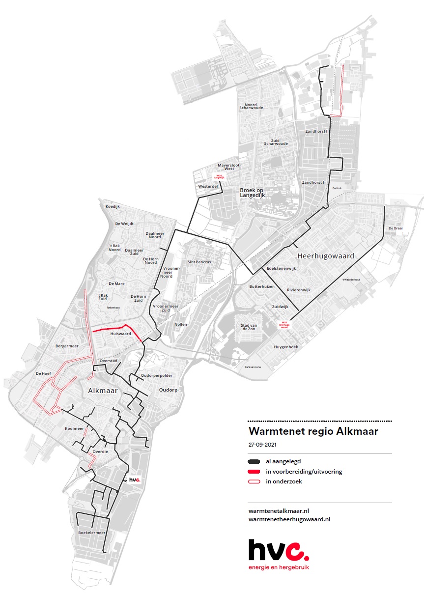 Op deze afbeelding is een kaart te zien met daarop de al aangelegde route van het warmtenet en route van het warmtenet dat nog wordt aangelegd.