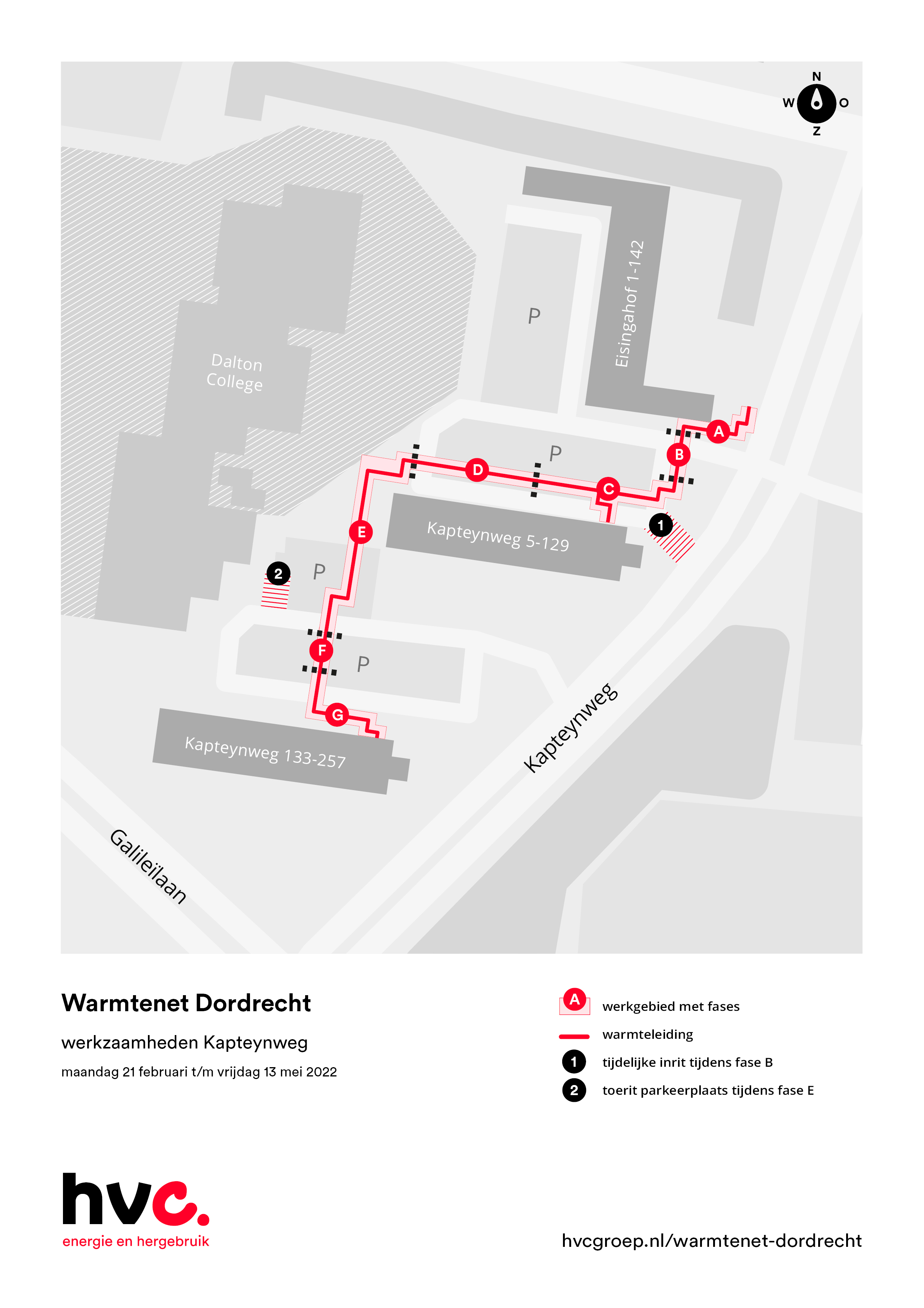 Plattegrond met daarop de locatie van de werkzaamheden Eisingahof en Kapteynweg in Dordrecht