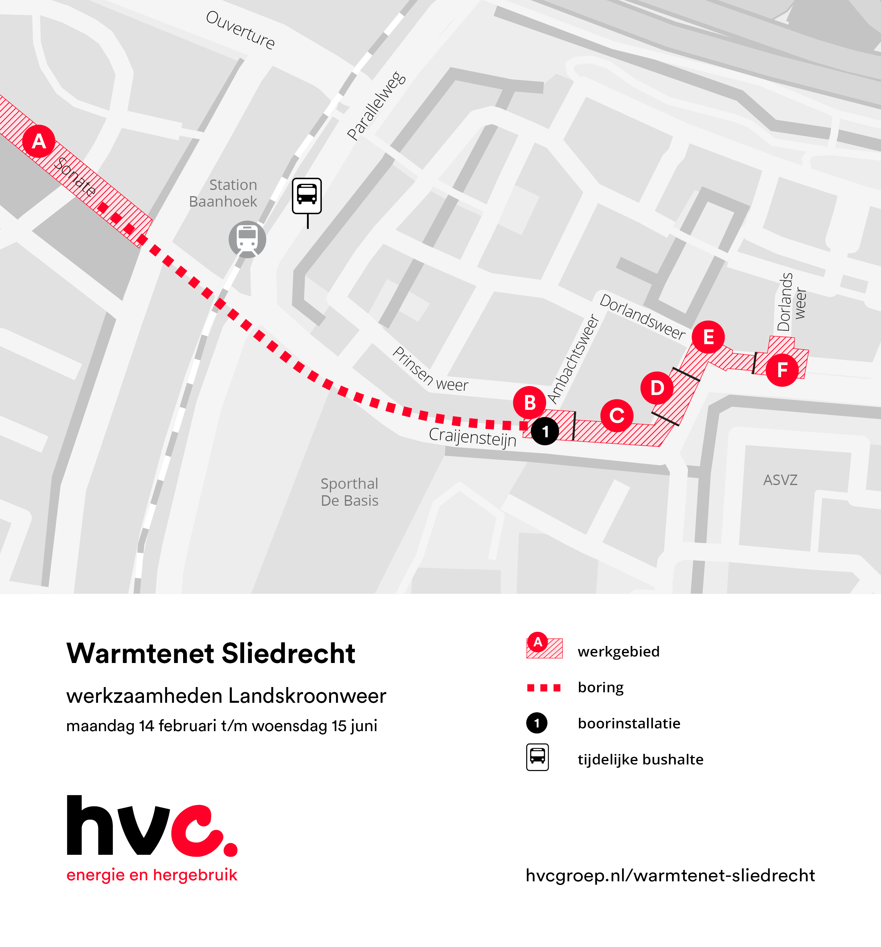 Plattegrond met daarop de locatie van de werkzaamheden in Dorlandsweer en Landskroonweer in Sliedrecht