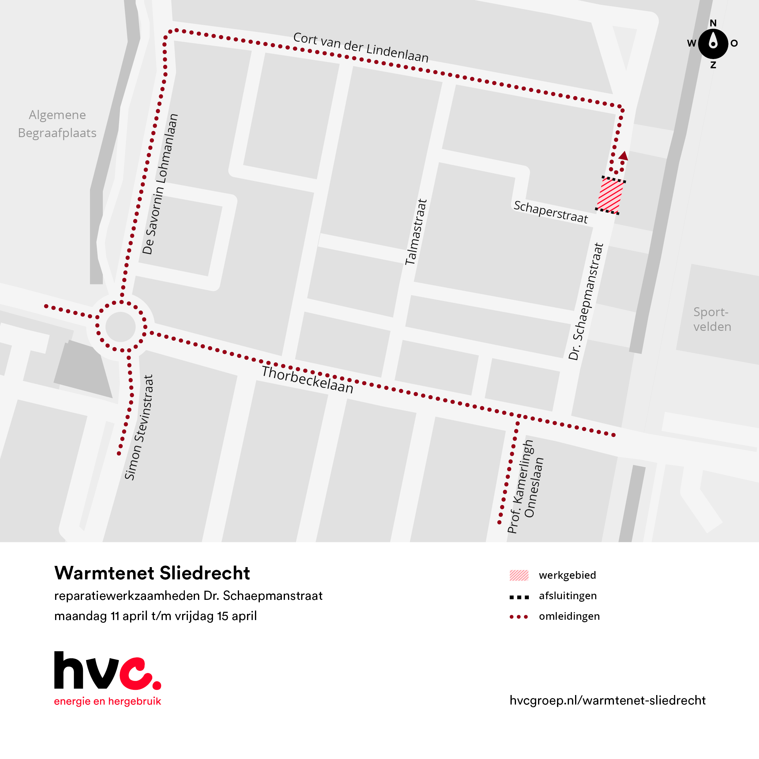 Plattegrond met daarop de locatie van de werkzaamheden in de Dr. Schaepmanstraat in Sliedrecht
