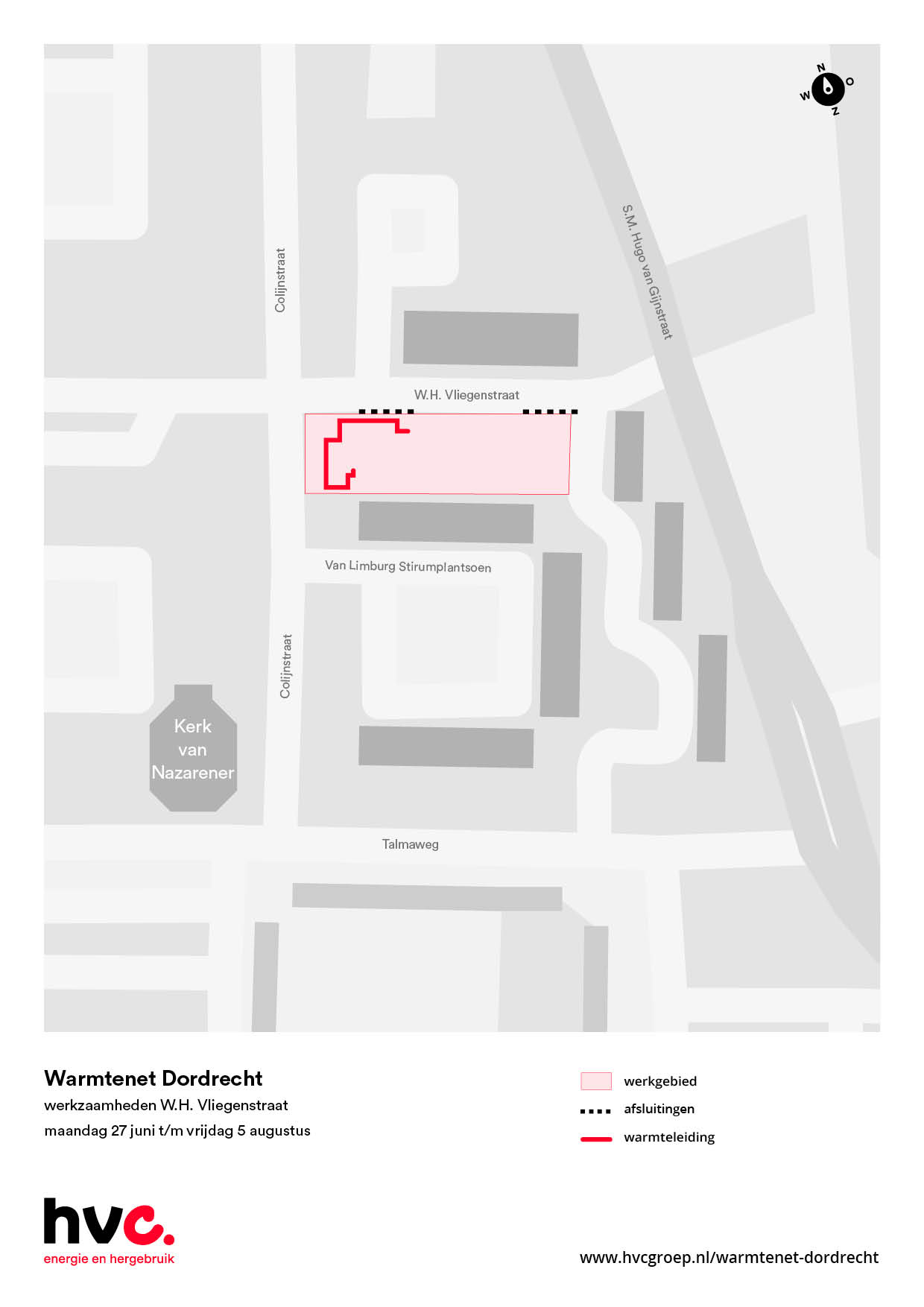 Plattegrond met daarop de locatie van de werkzaamheden in de W.H. Vliegenstraat in Dordrecht