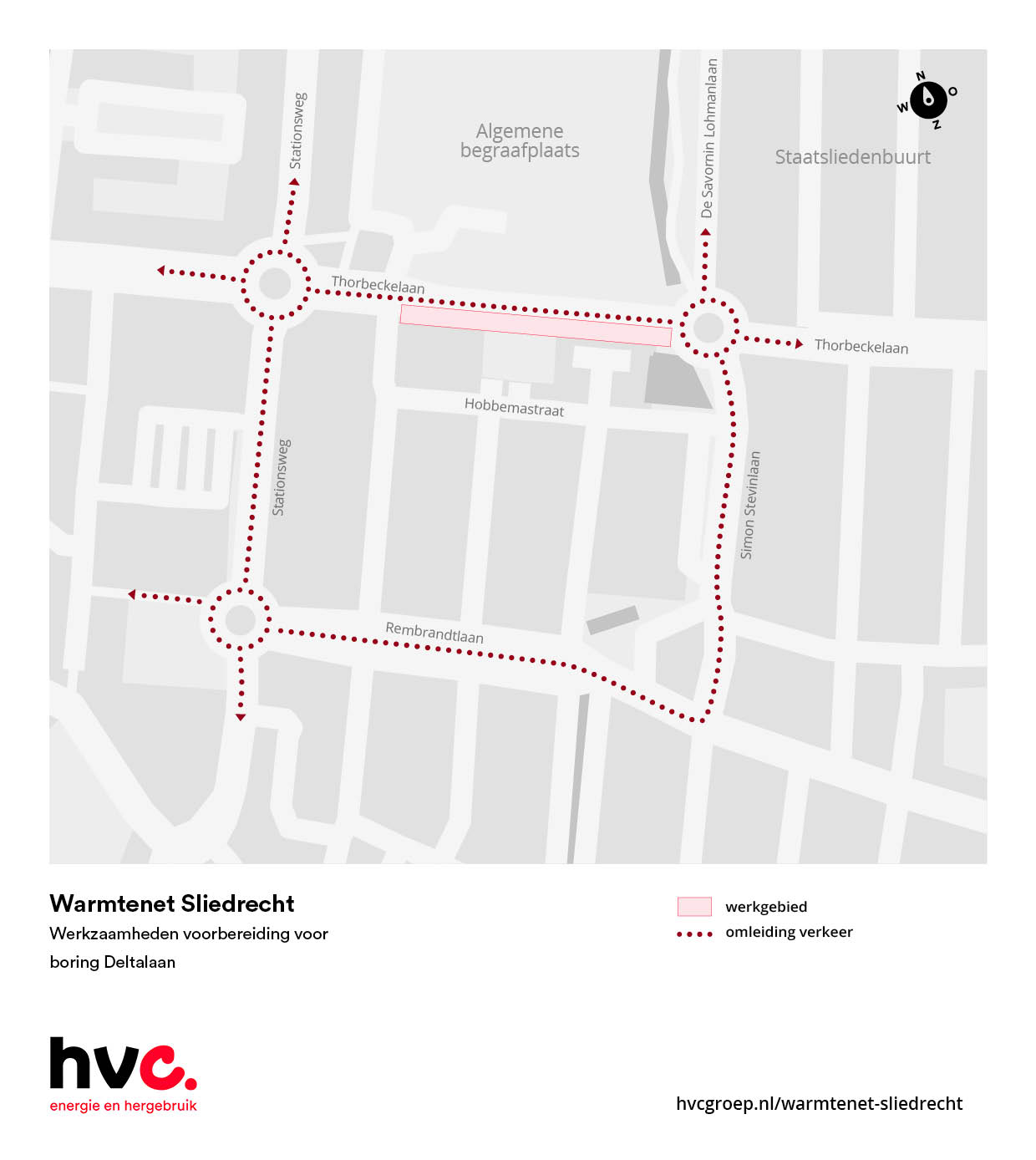 Plattegrond met daarop de locatie van de werkzaamheden in de Thorbeckelaan in Sliedrecht