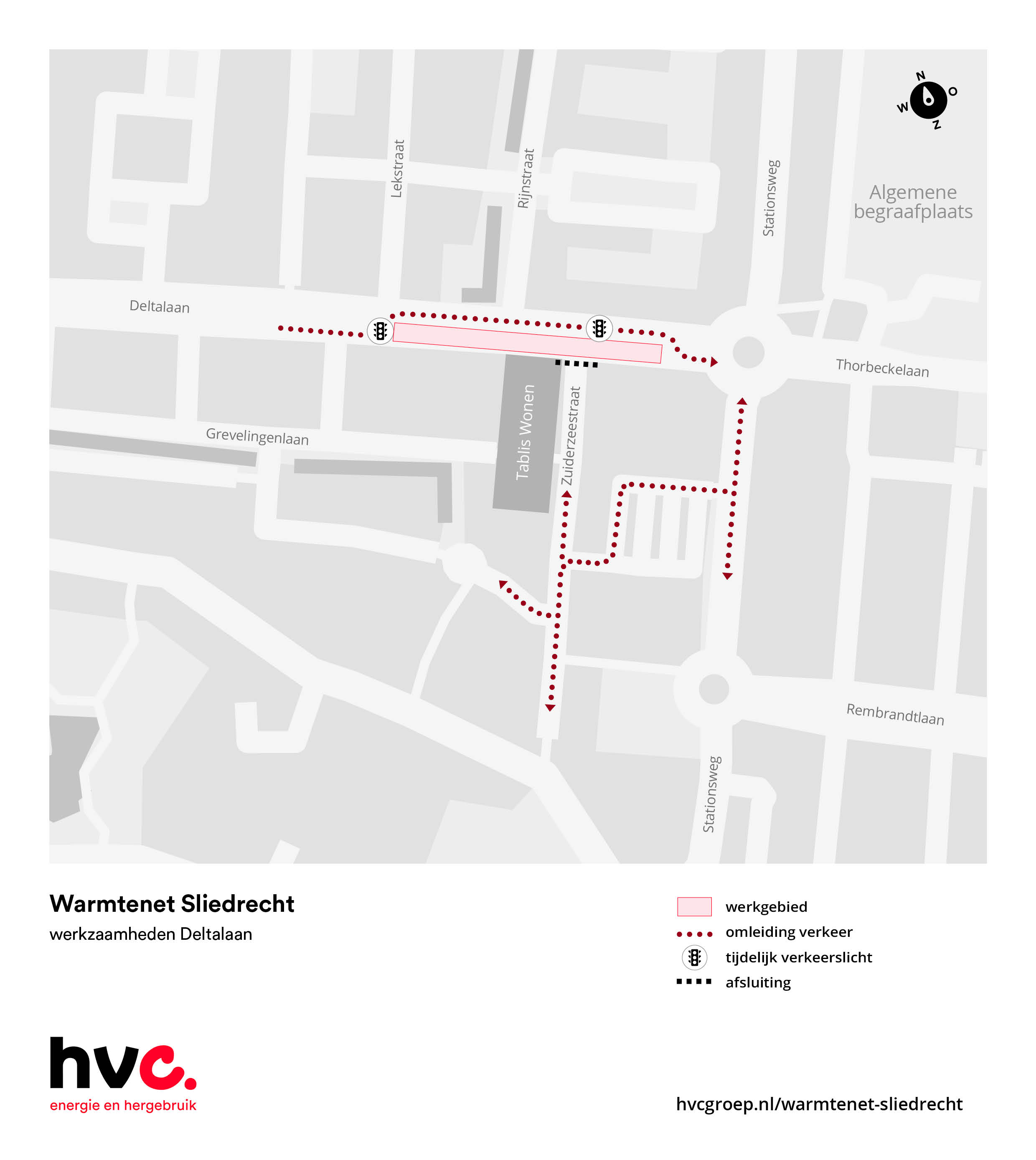 Plattegrond met daarop de locatie van de werkzaamheden en de verkeersomleidingen in de Deltalaan in Sliedrecht