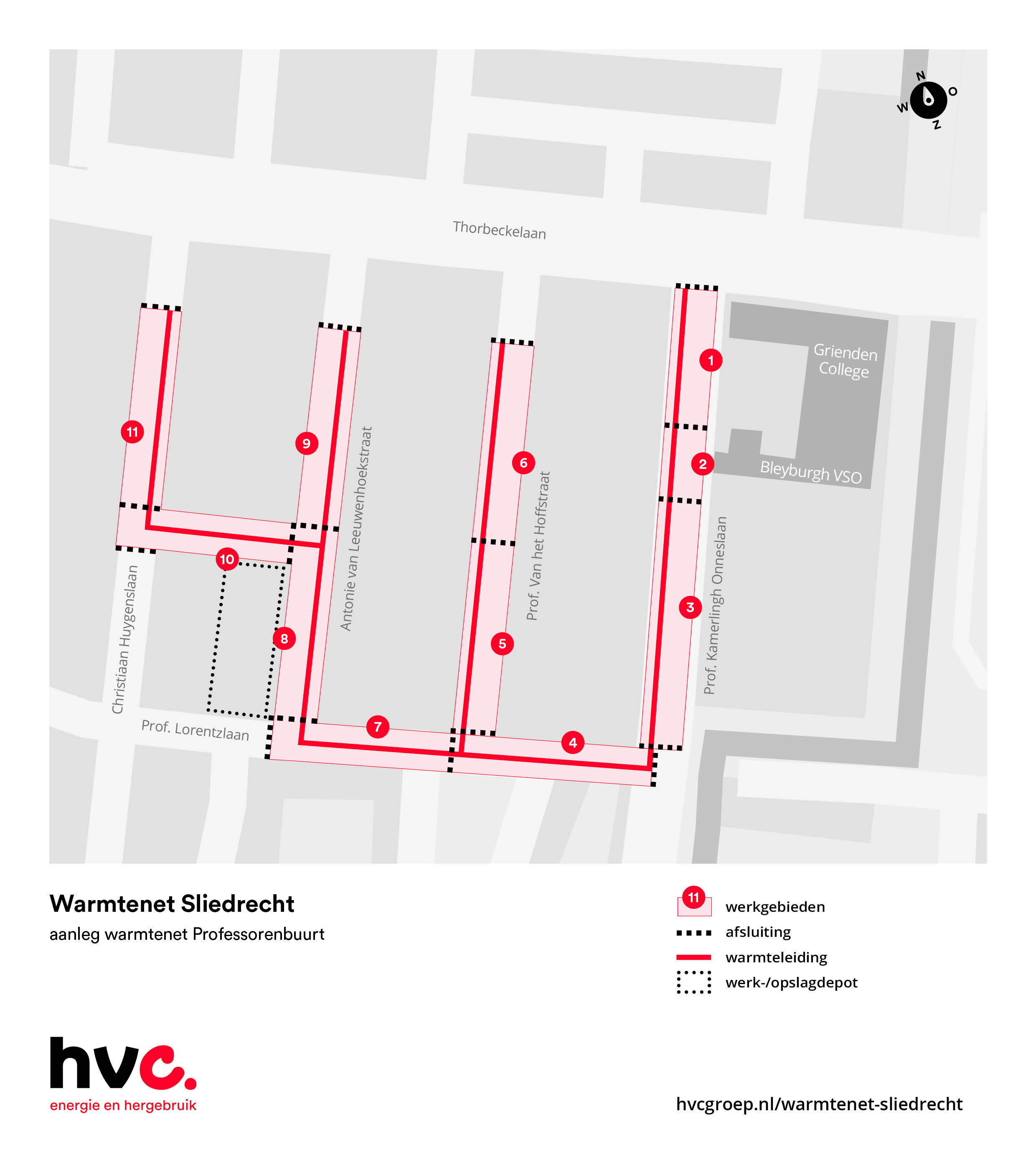 Plattegrond met daarop de werkgebieden in de Professorenbuurt in Sliedrecht