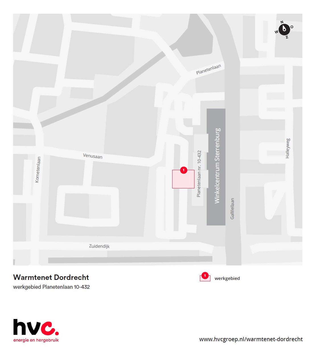 Plattegrond met daarop de locatie van de werkzaamheden in de Planetenlaan in Dordrecht