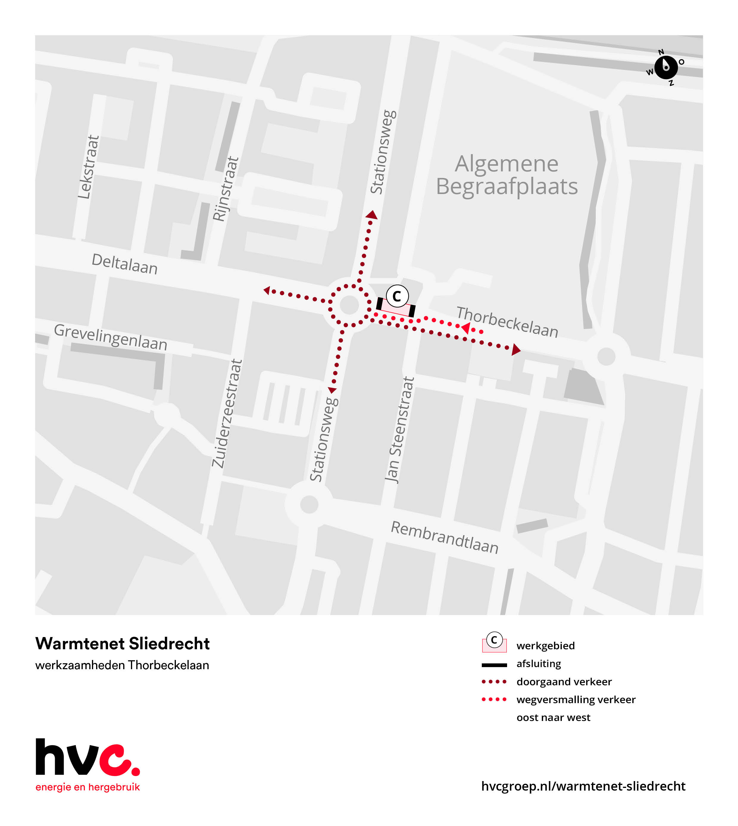 Plattegrond met daarop de locatie van de werkzaamheden in de Thorbeckelaan in Sliedrecht