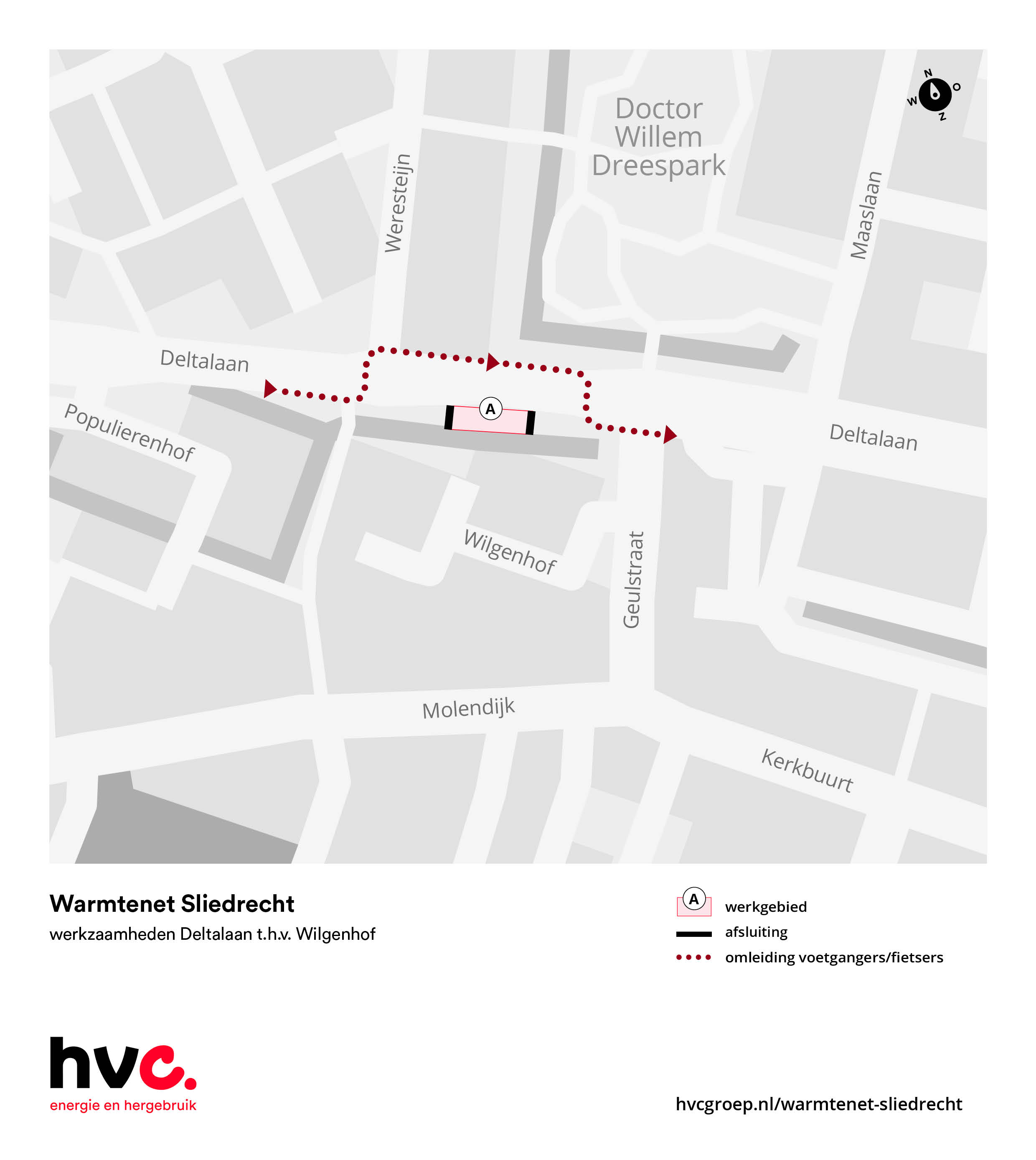 Plattegrond met daarop de locatie van de werkzaamheden in de Deltalaan ter hoogte van de Wilgenhof in Sliedrecht