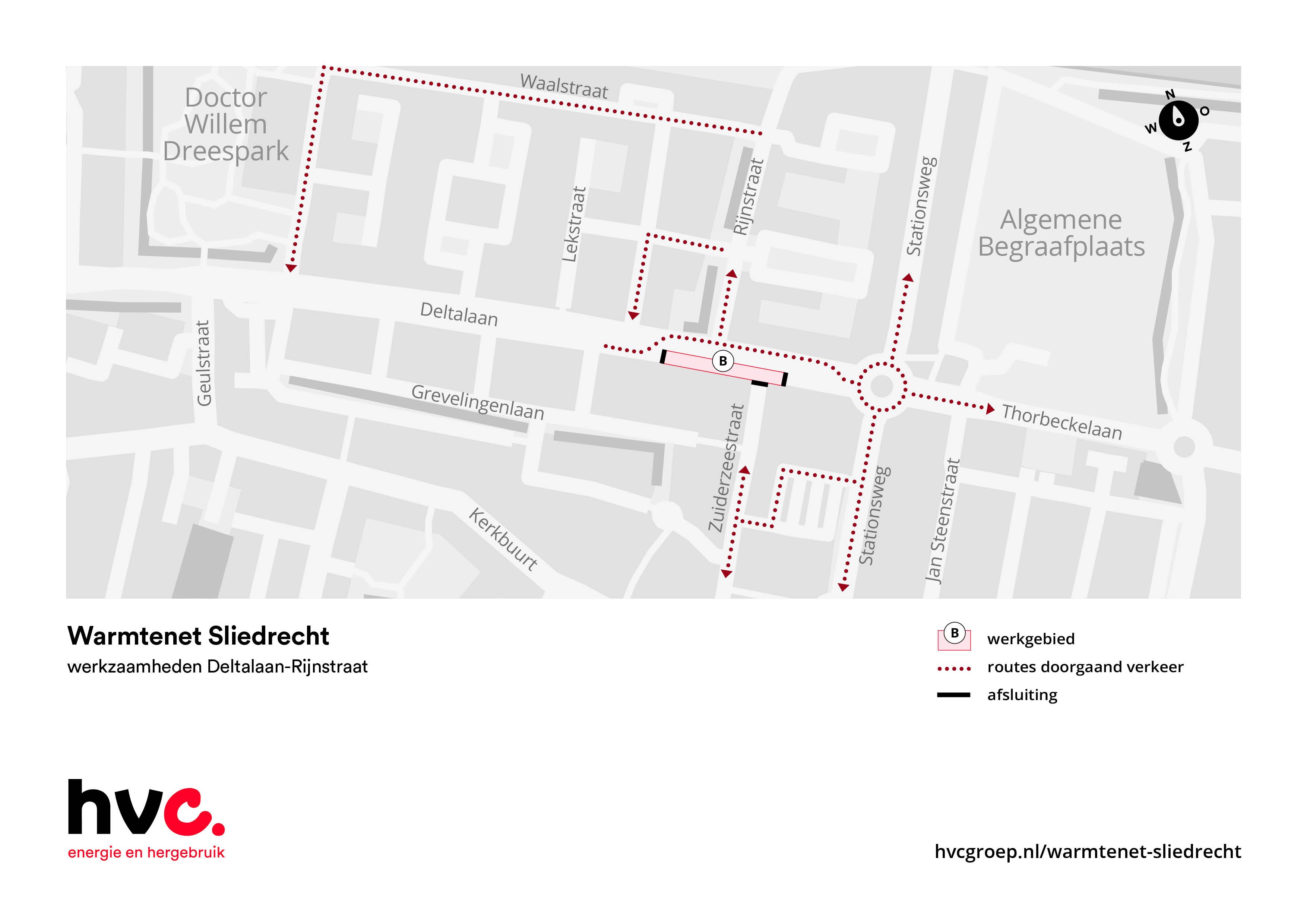 Plattegrond met daarop de locatie van de werkzaamheden in de Deltalaan ter hoogte van de Zuiderzeestraat in Sliedrechts