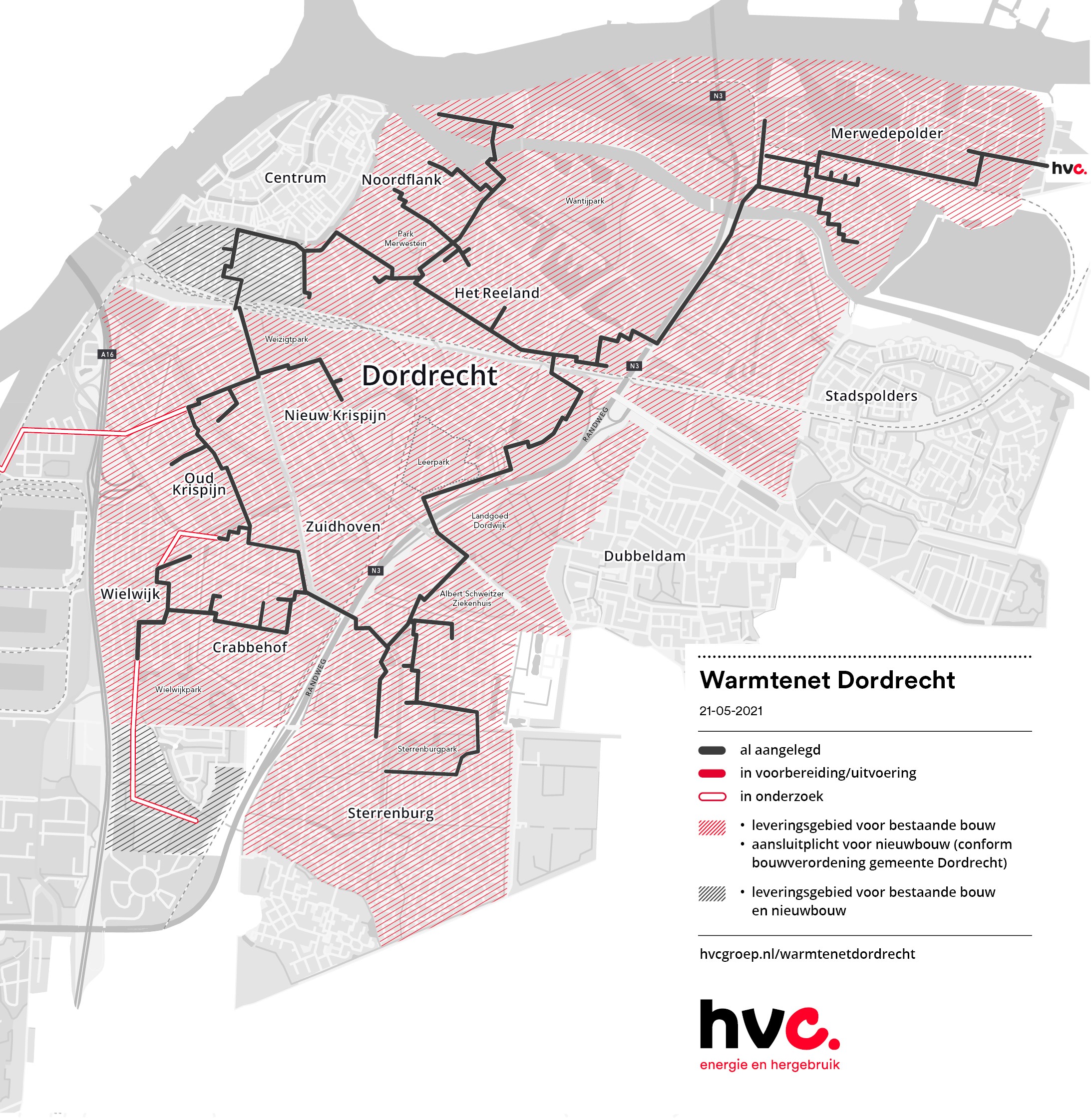 Plattegrond van het warmtenet Dordrecht met daarop de hoofdeidingen en het leveringsgebied