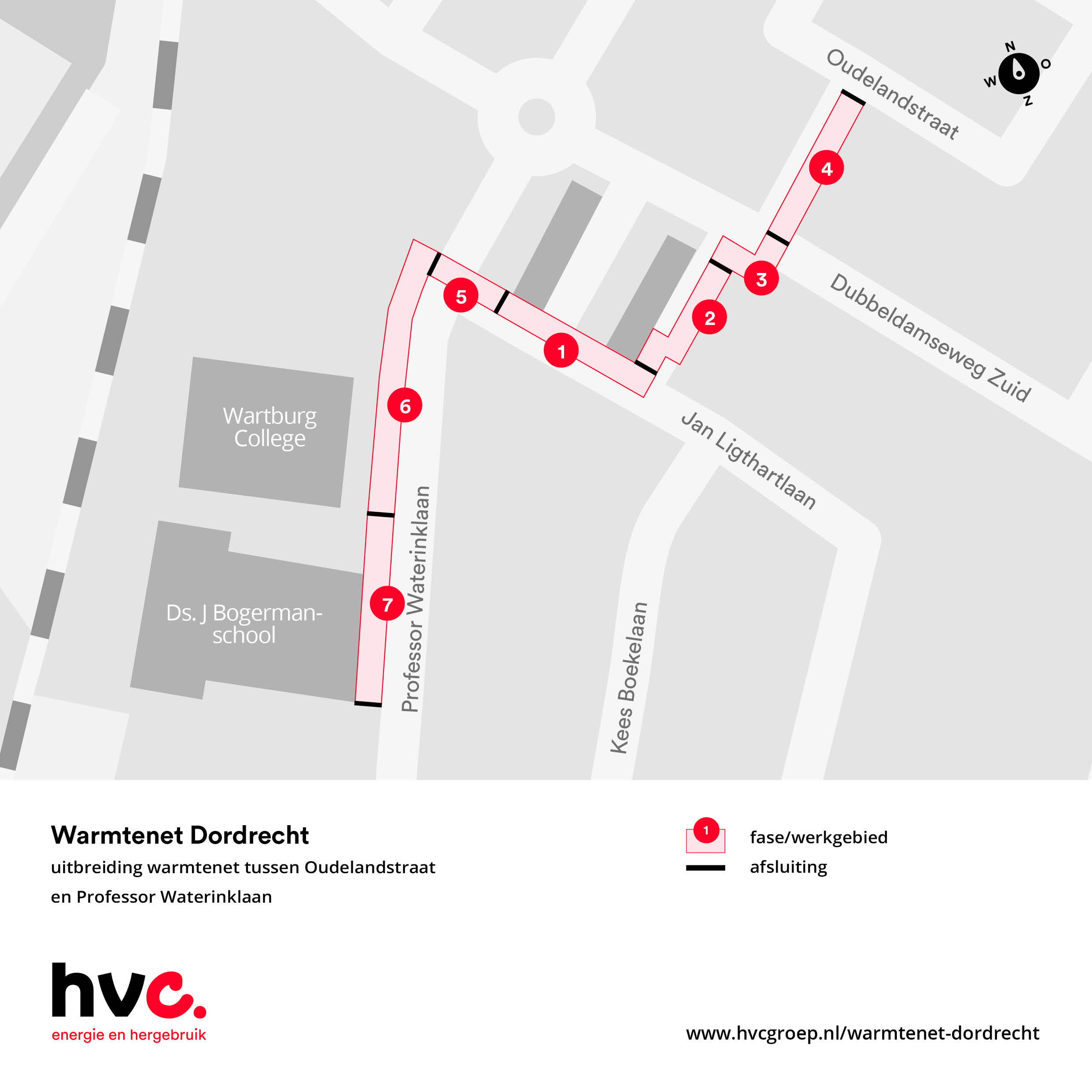 Plattegrond met daarop de locaties van de werkzaamheden tussen de Oudelandstraat en de Professor Waterinklaan