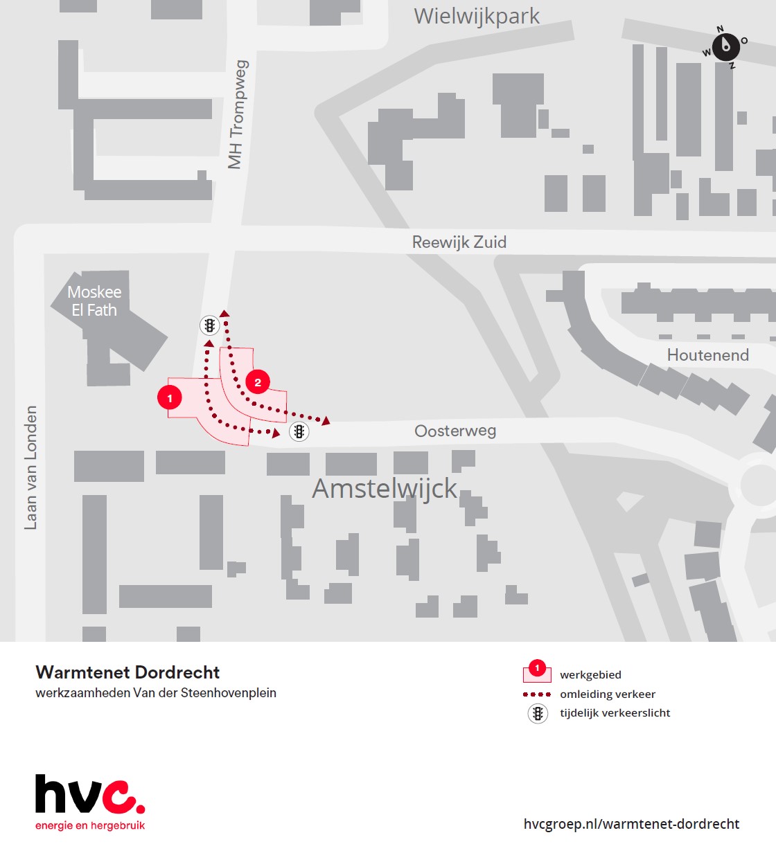 Plattegrond met daarop de locatie van de werkzaamheden op het Van der Steenhovenplein in Dordrecht