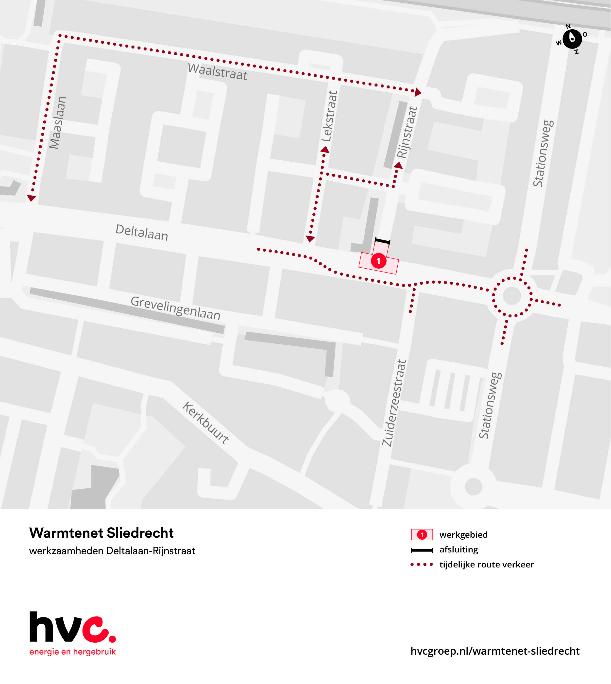 Plattegrond met daarop de locatie van de werkzaamheden in de Deltalaan en Rijnstraat in Sliedrecht
