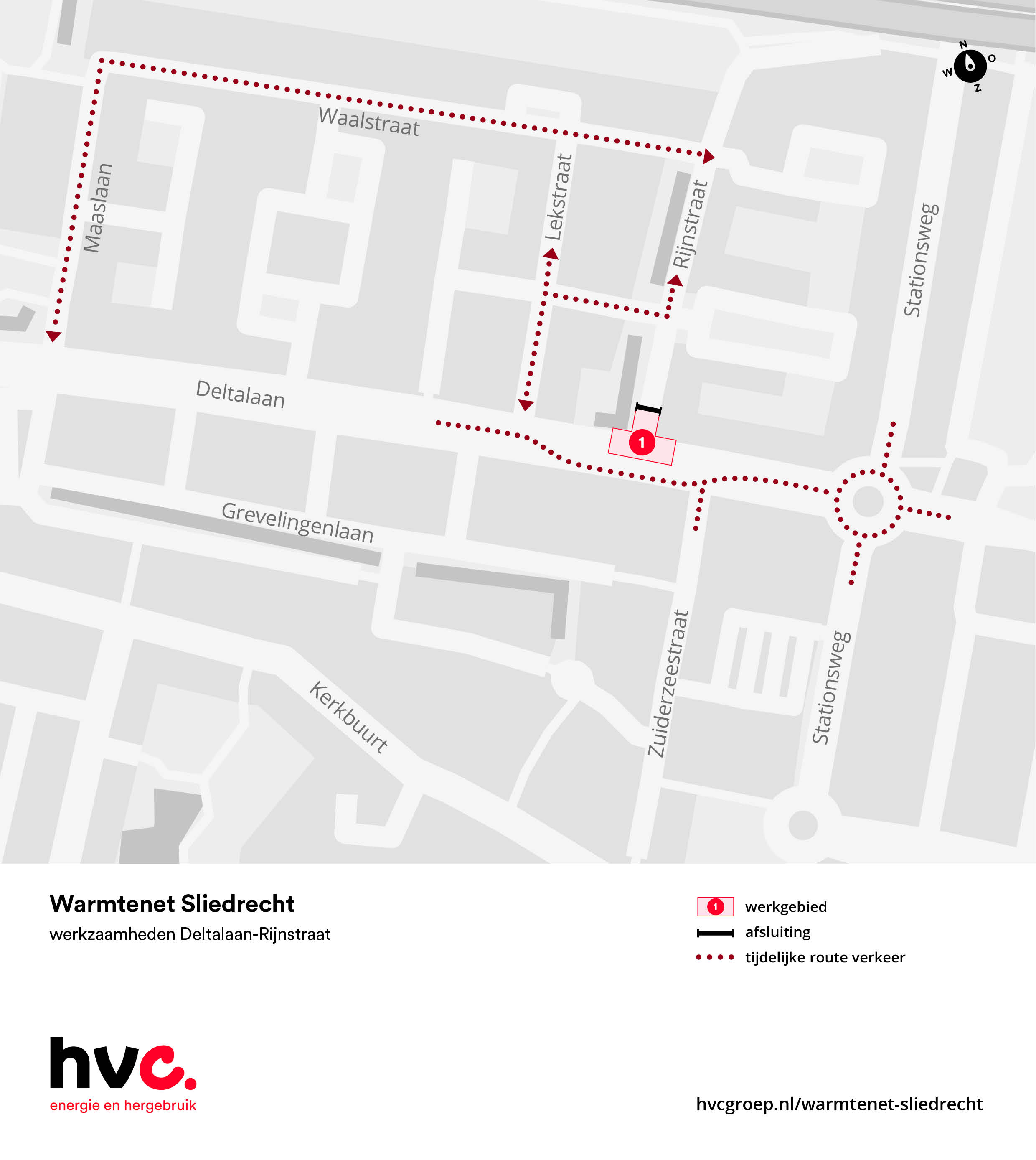 Plattegrond met daarop de locatie van de werkzaamheden in de Deltalaan en Rijnstraat in Sliedrecht