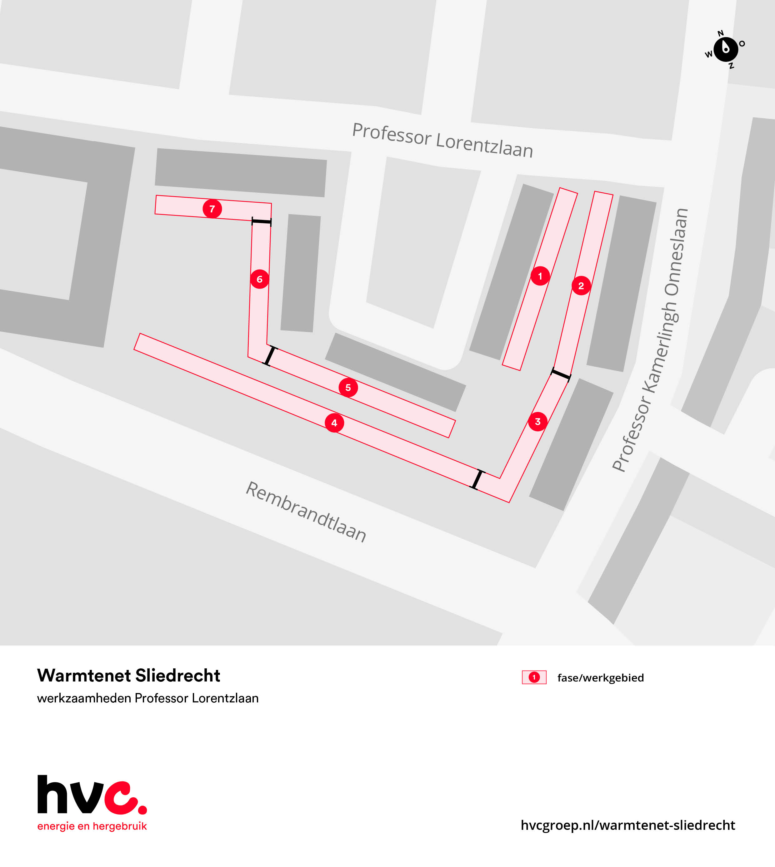 Plattegrond met daarop de locatie van de werkzaamheden in de Professor Lorentzlaan / Professor Kamerlingh Onneslaan / Rembrandtlaan in Sliedrecht.