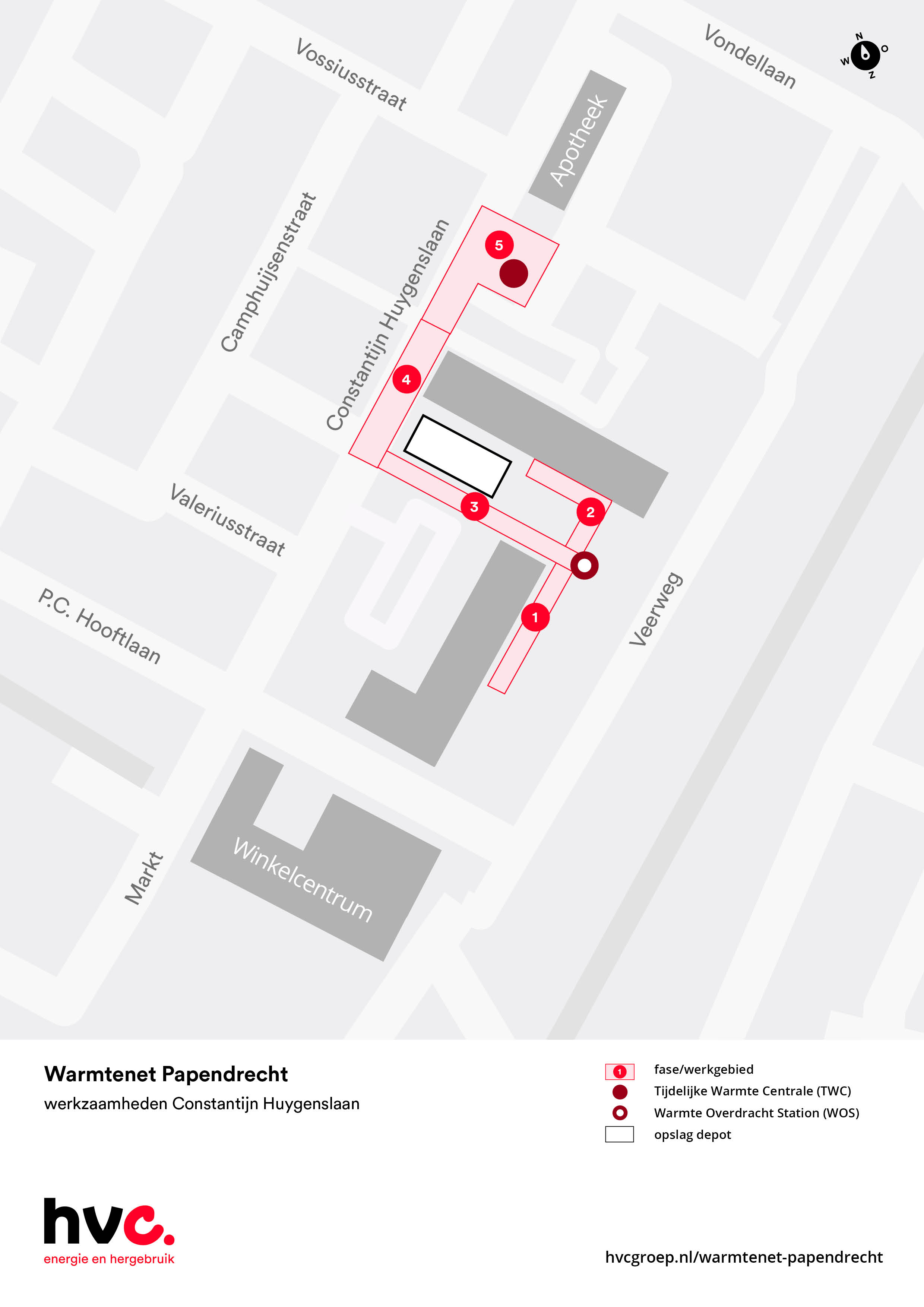 Plattegrond met daarop de locatie van de werkzaamheden in de Constantijn Huygenslaan in Papendrecht.