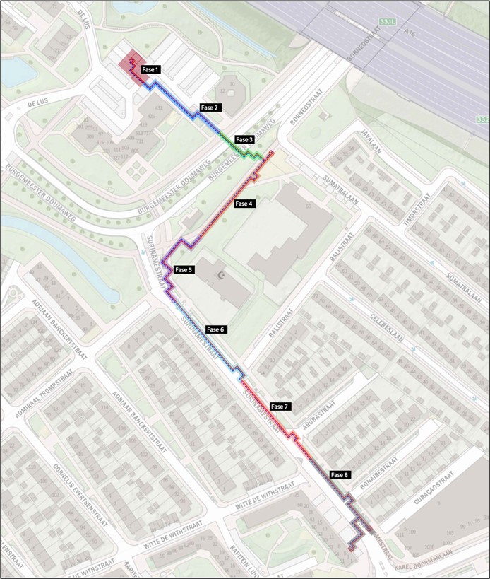 Plattegrond met daarop de locatie van het warmtenet door de wijk Kort Ambacht