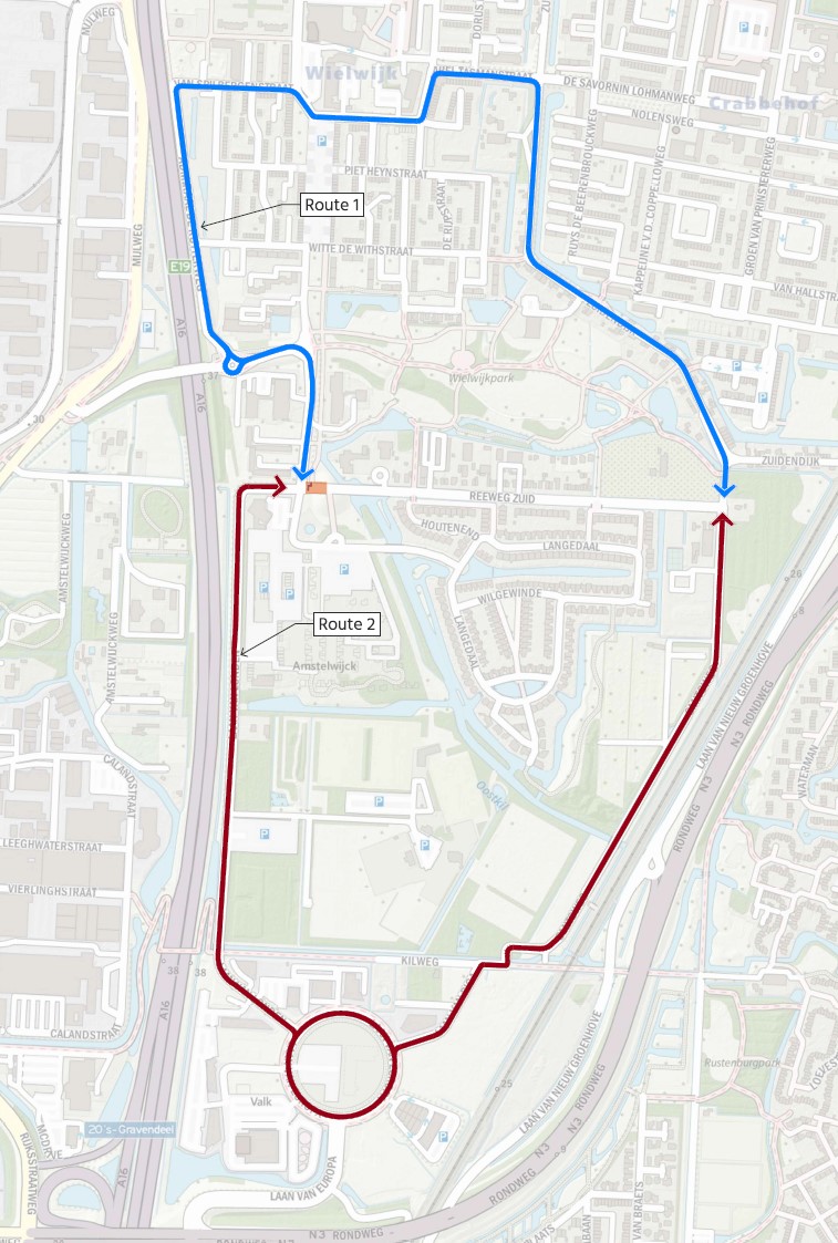 Plattegrond met daarop de locatie van de werkzaamheden en de omleidingsroutes door Dordrecht.