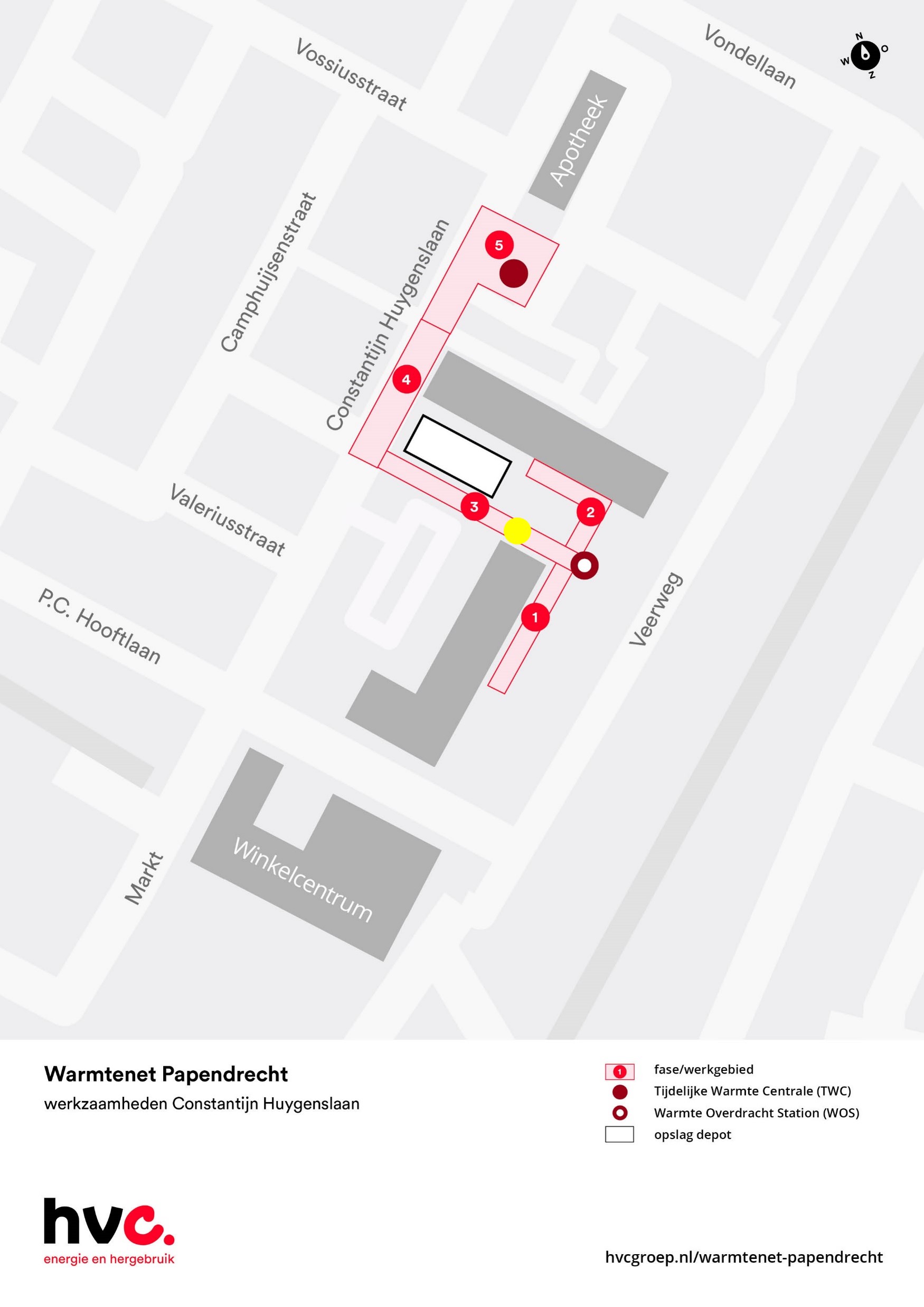 Plattegrond met daarop de locatie van de werkzaamheden in de Constantijn Huygenslaan in Papendrecht.