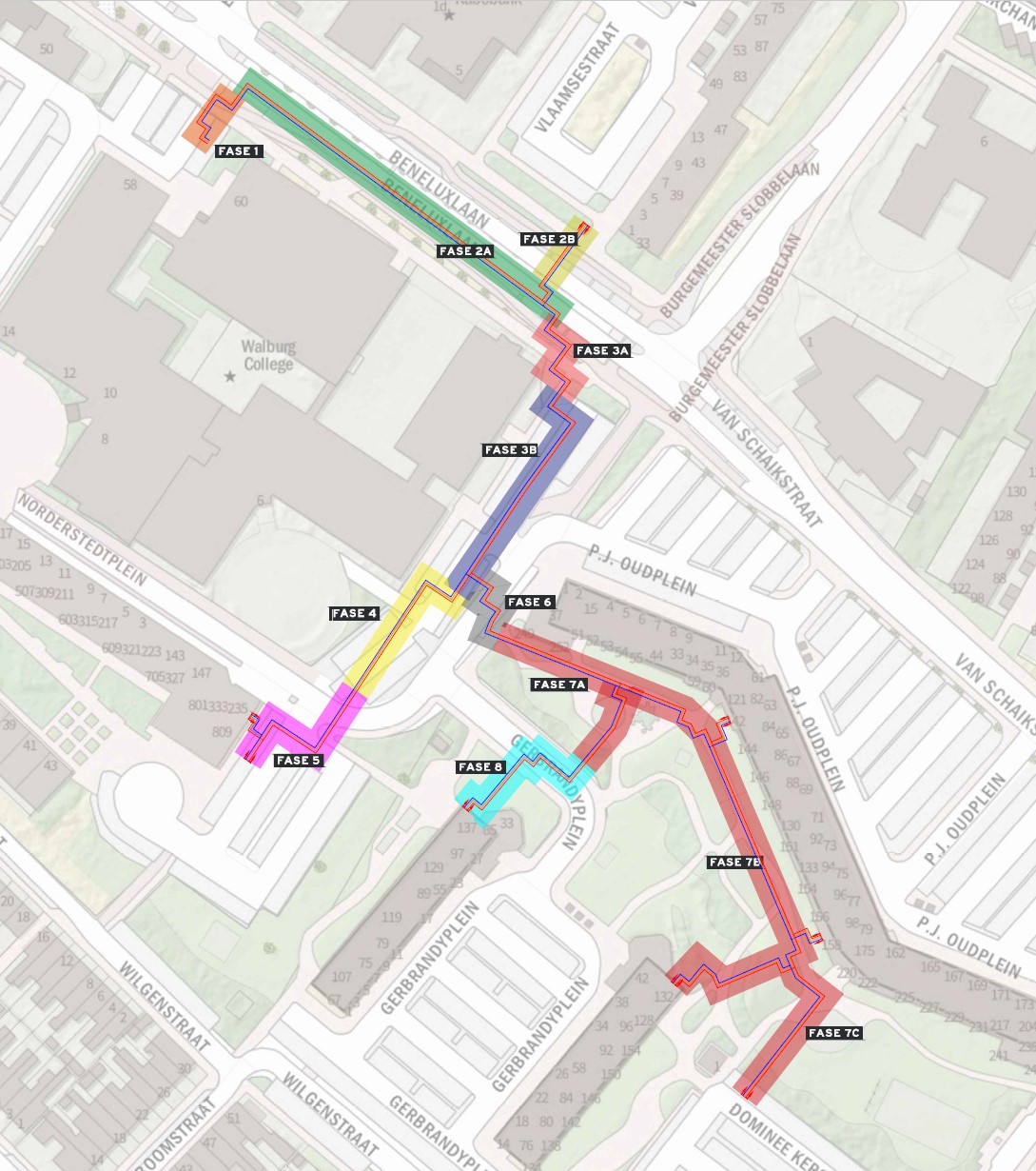 Plattegrond met daarop de locatie van de werkzaamheden op het P.J. Oudplein en Gerbandyplein in Zwijndrecht