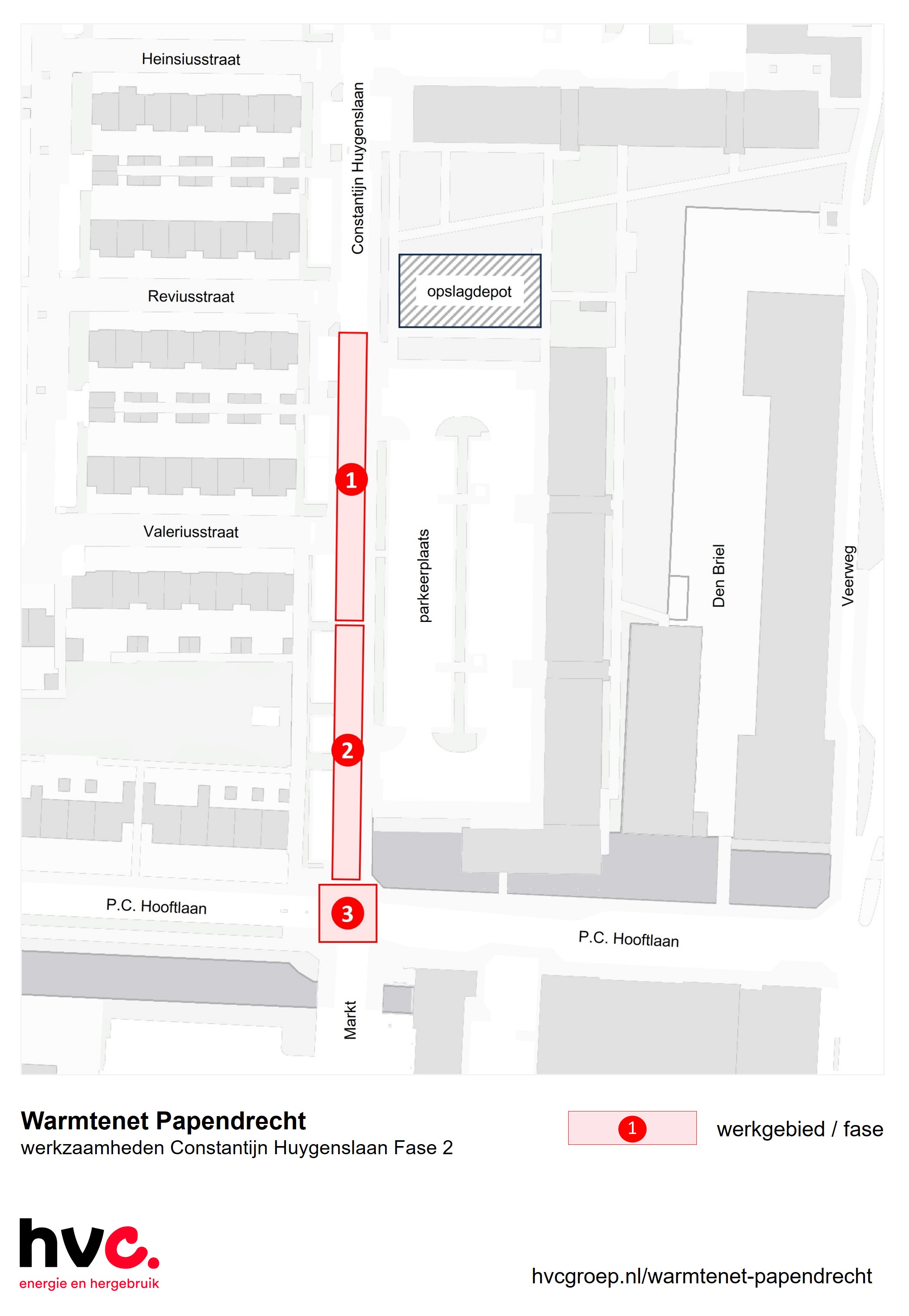 Plattegrond met daarop de locatie van de werkzaamheden in de Constantijn Huygenslaan in Papendrecht.