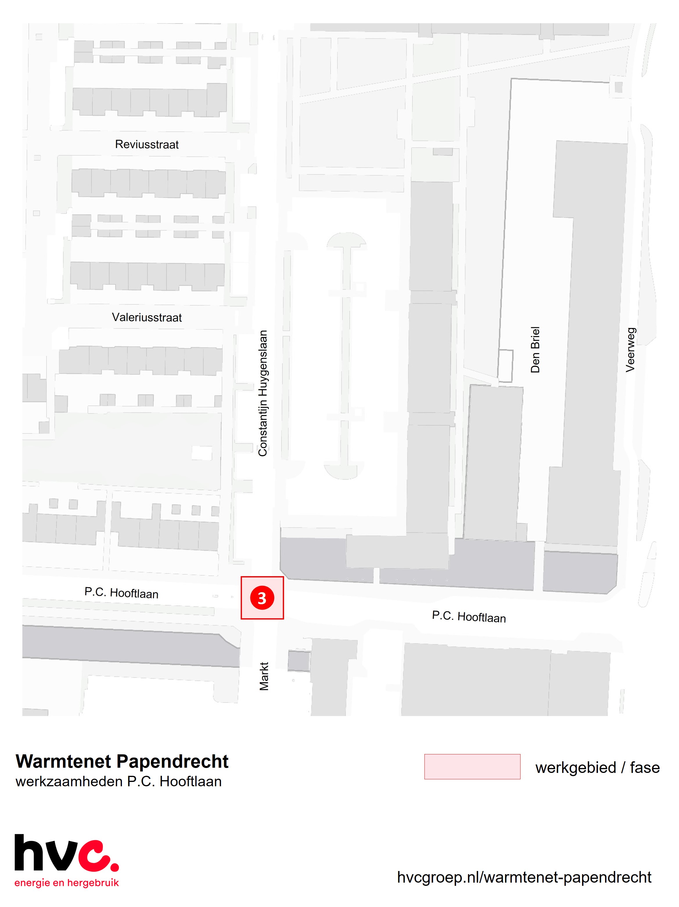 Plattegrond met daarop de locatie van de werkzaamheden in de P.C. Hooftlaan in Papendrecht.