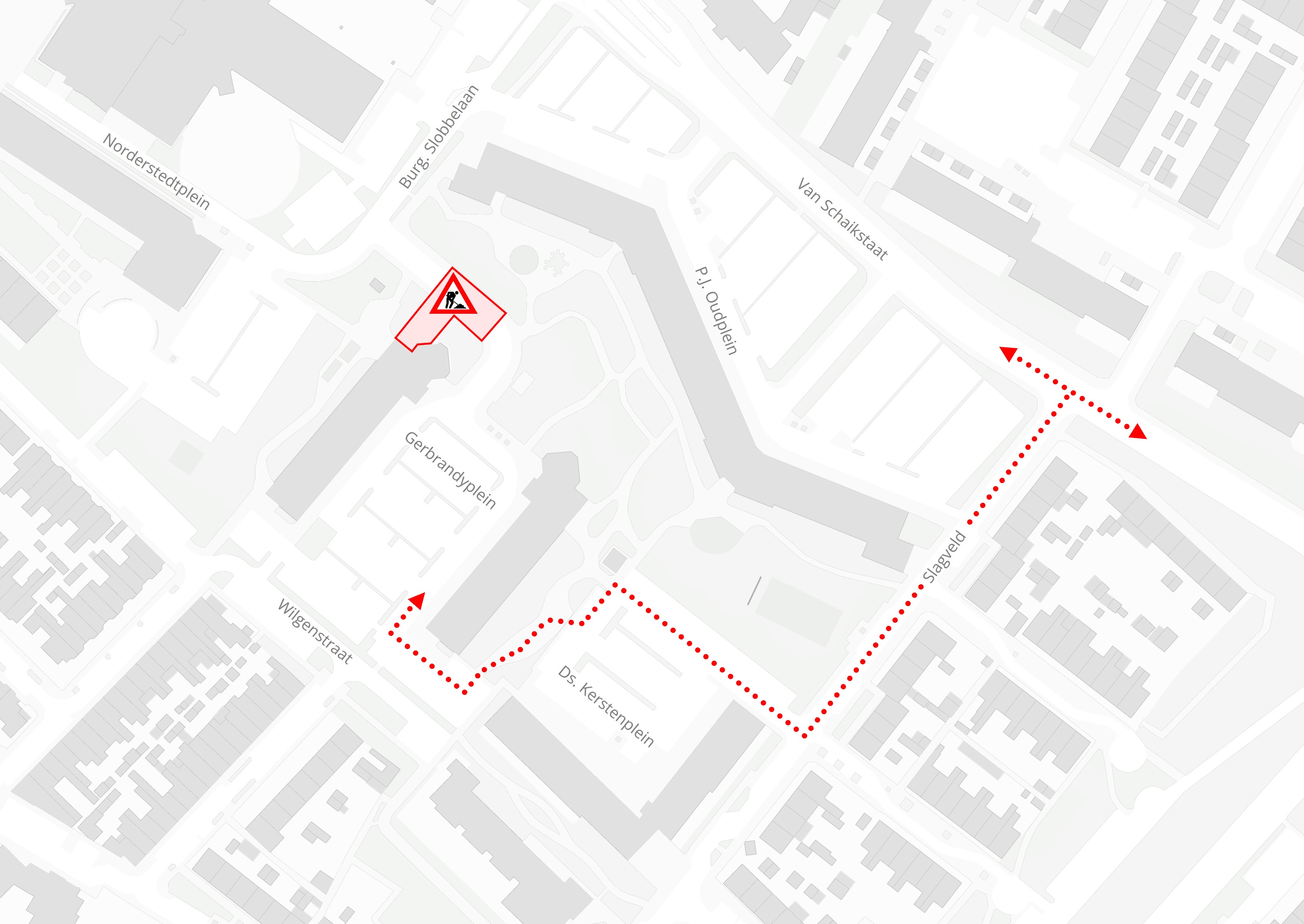 Plattegrond met daarop de locatie van de werkzaamheden in Gerbrandyplein in Zwijndrecht