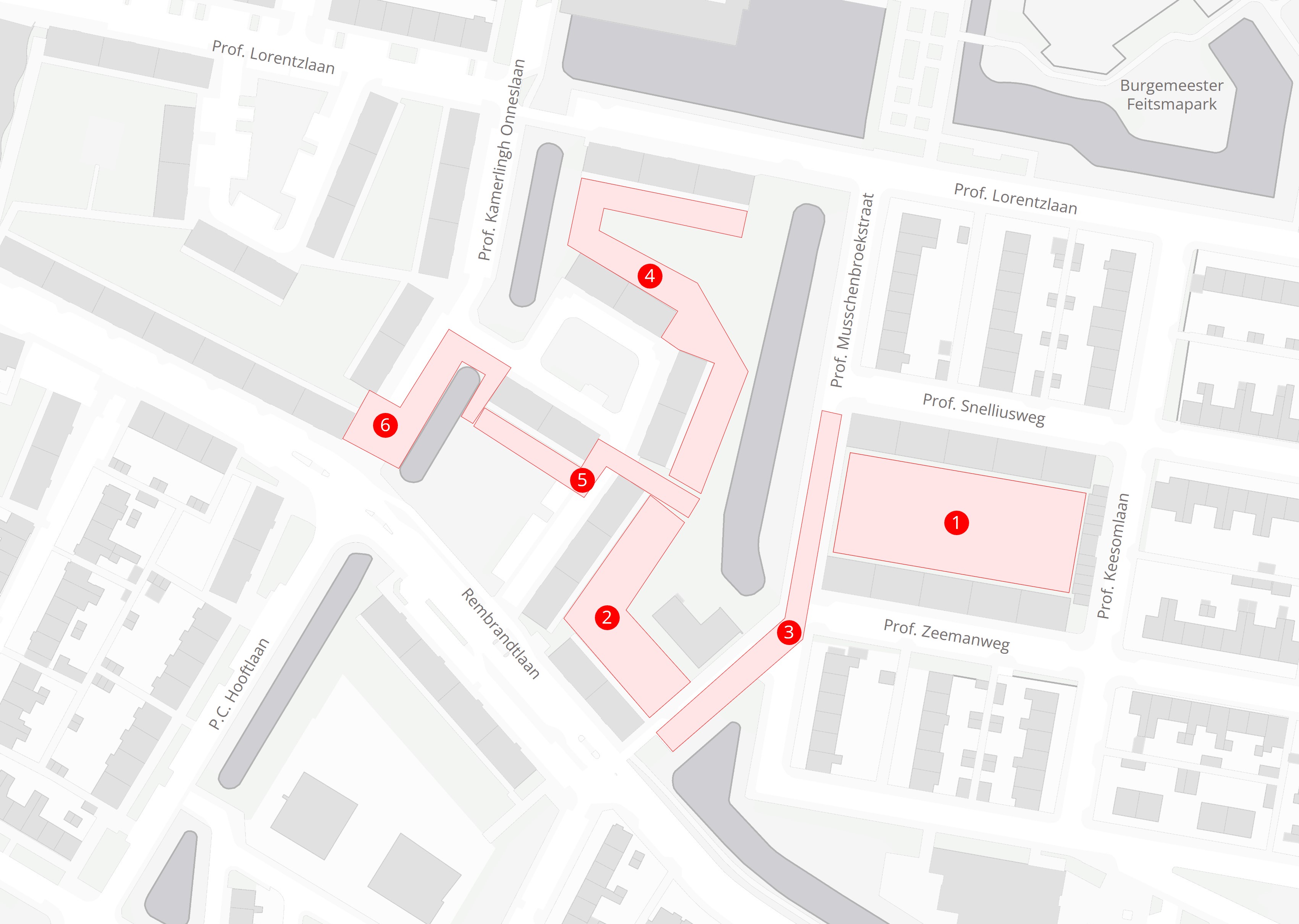 Plattegrond met daarop de locaties van de werkzaamheden rondom de Prof. Snelliusweg, Prof. Zeemanweg en Prof. Kamerlingh Onneslaan in Sliedrecht.