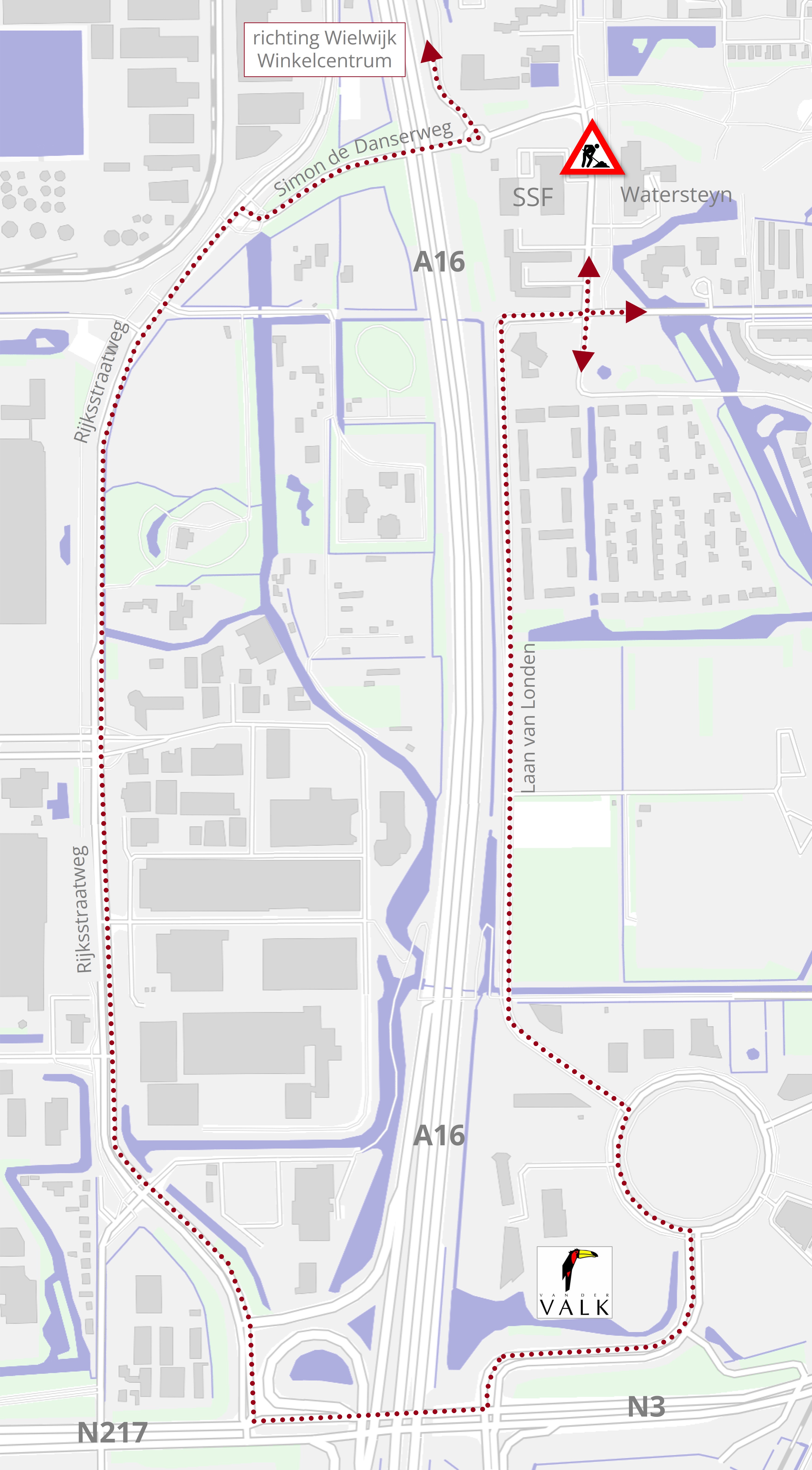 Plattegrond met daarop de locatie van de werkzaamheden en de omleiding van het autoverkeer.